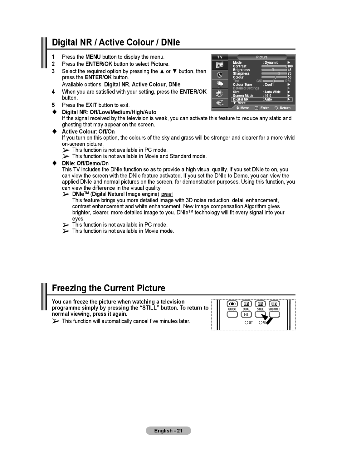 Samsung PS-42E97HD, PS-50C77HD, PS-50E97HD, PS-50C67HD manual Digital NR / Active Colour / DNIe, Freezing the Current Picture 