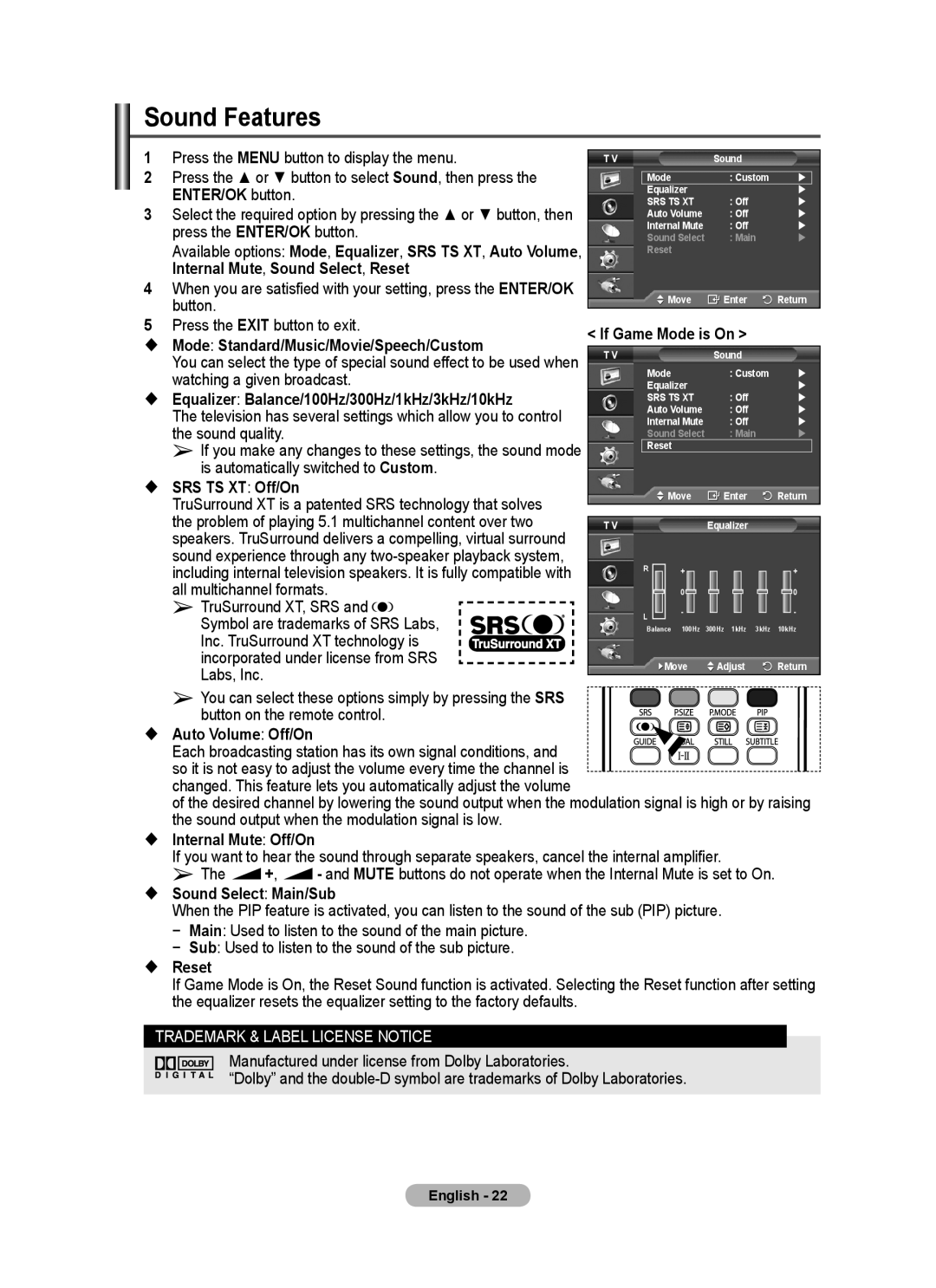 Samsung PS-42C77HD, PS-50C77HD, PS-50E97HD, PS-50C67HD, PS-42E97HD, PS-42C67HD manual Sound Features 