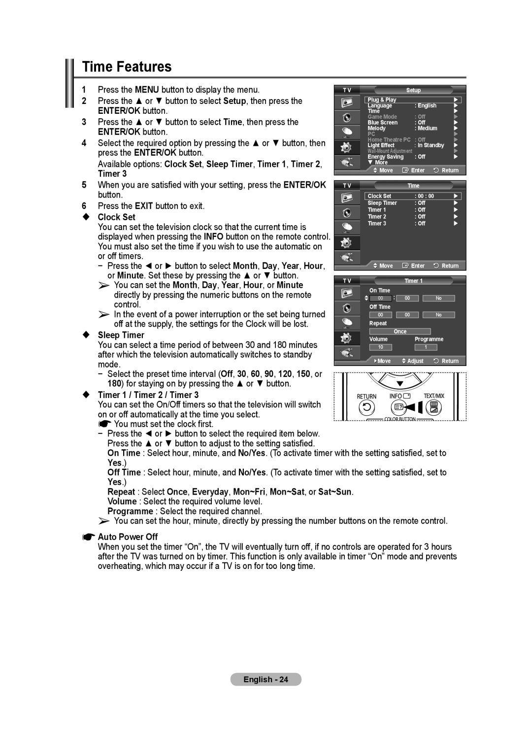 Samsung PS-50C77HD, PS-50E97HD, PS-50C67HD, PS-42E97HD, PS-42C77HD, PS-42C67HD manual Time Features 