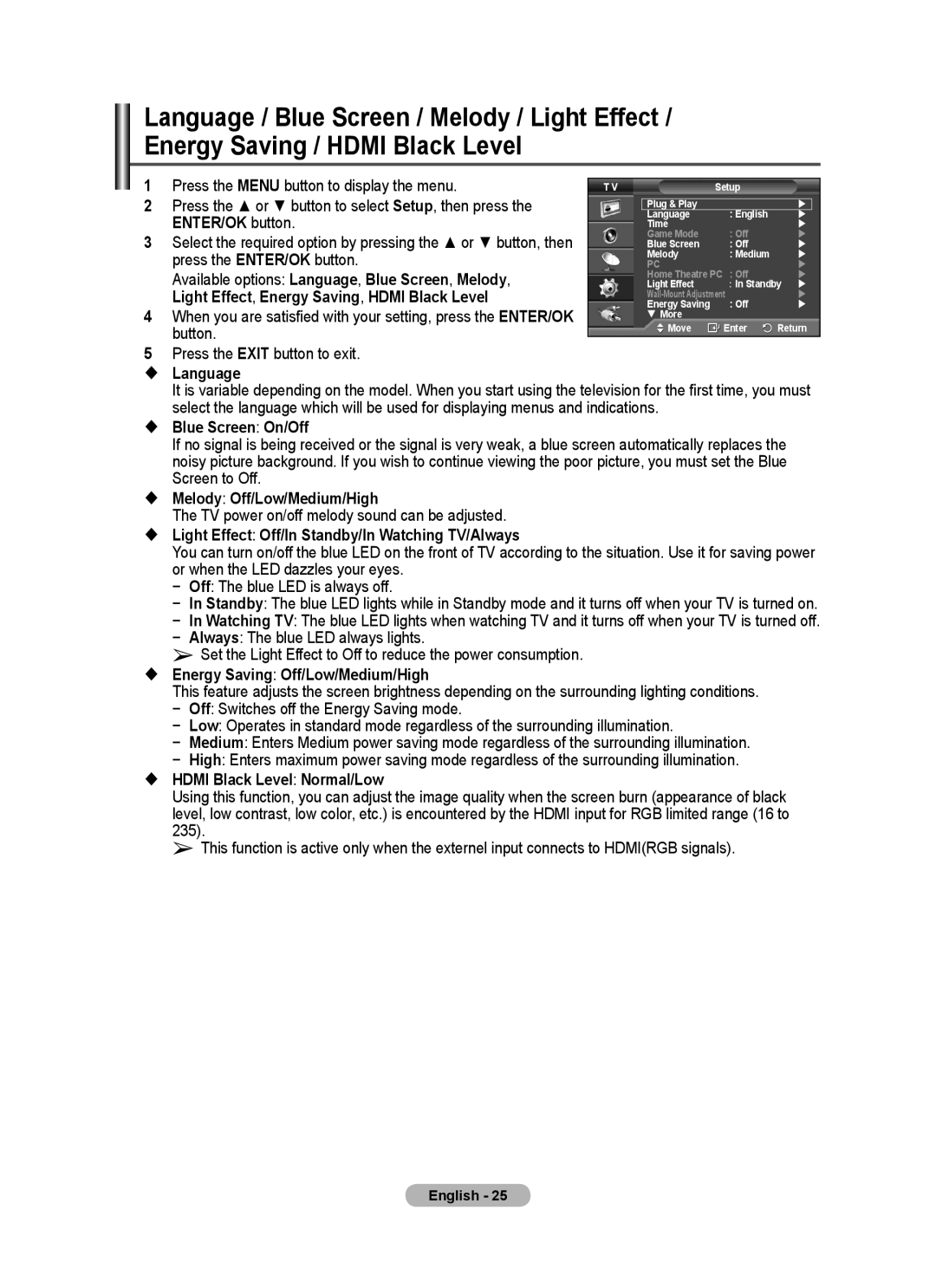 Samsung PS-50E97HD manual  Language,  Blue Screen On/Off,  Melody Off/Low/Medium/High,  Hdmi Black Level Normal/Low 