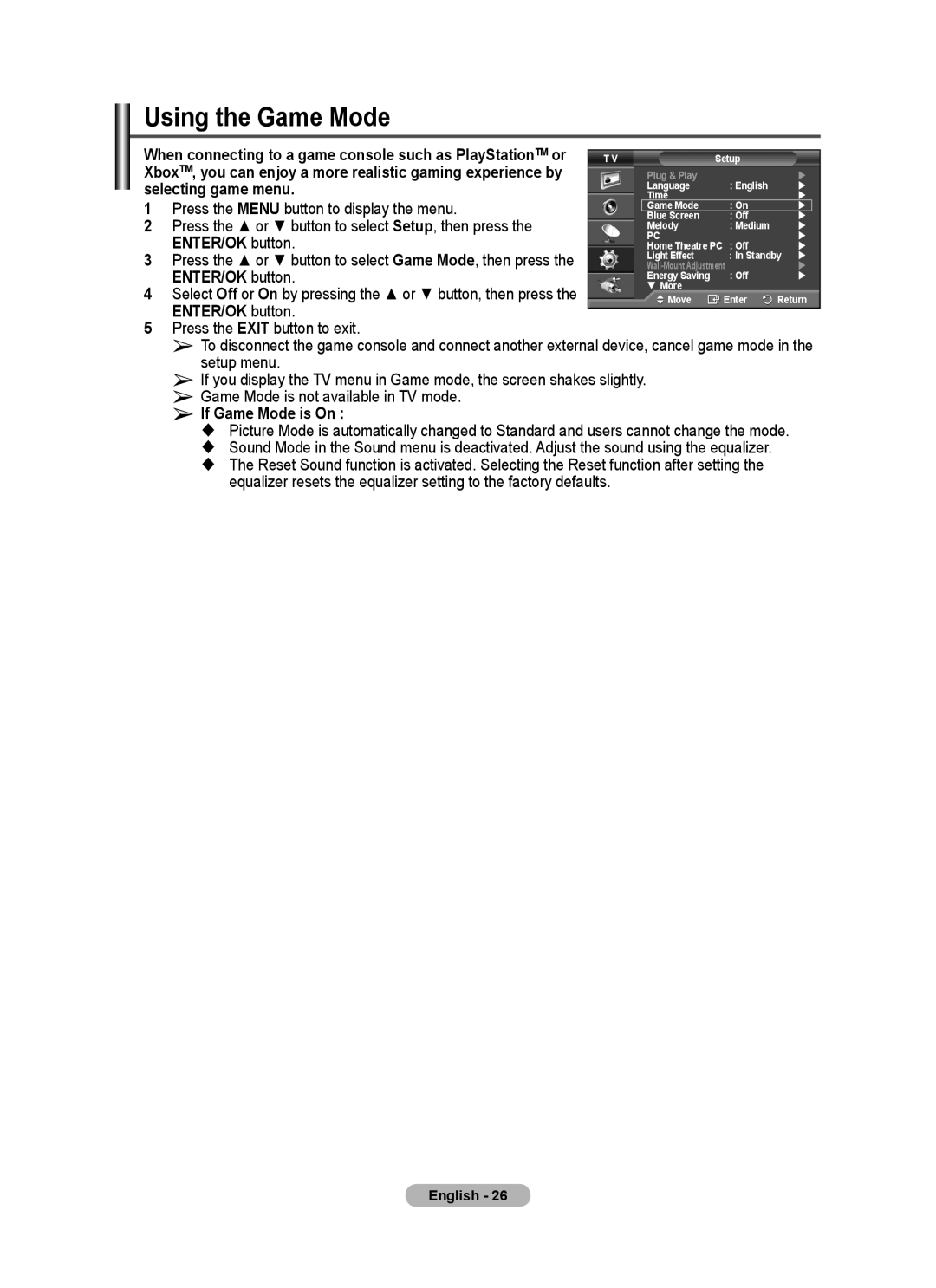 Samsung PS-50C67HD, PS-50C77HD, PS-50E97HD, PS-42E97HD, PS-42C77HD, PS-42C67HD manual Using the Game Mode, Selecting game menu 