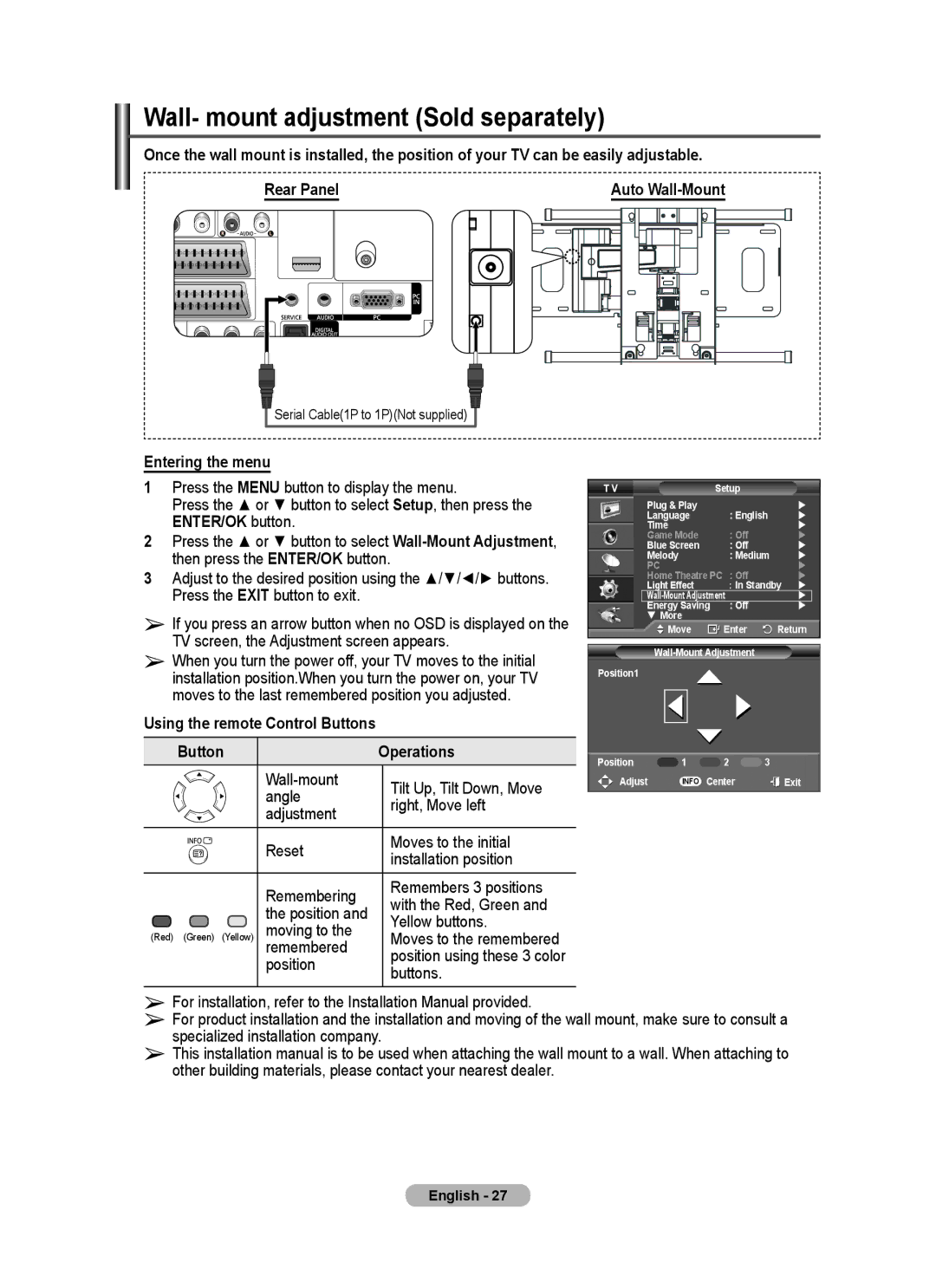 Samsung PS-42E97HD Wall- mount adjustment Sold separately, Entering the menu, Using the remote Control Buttons, Operations 