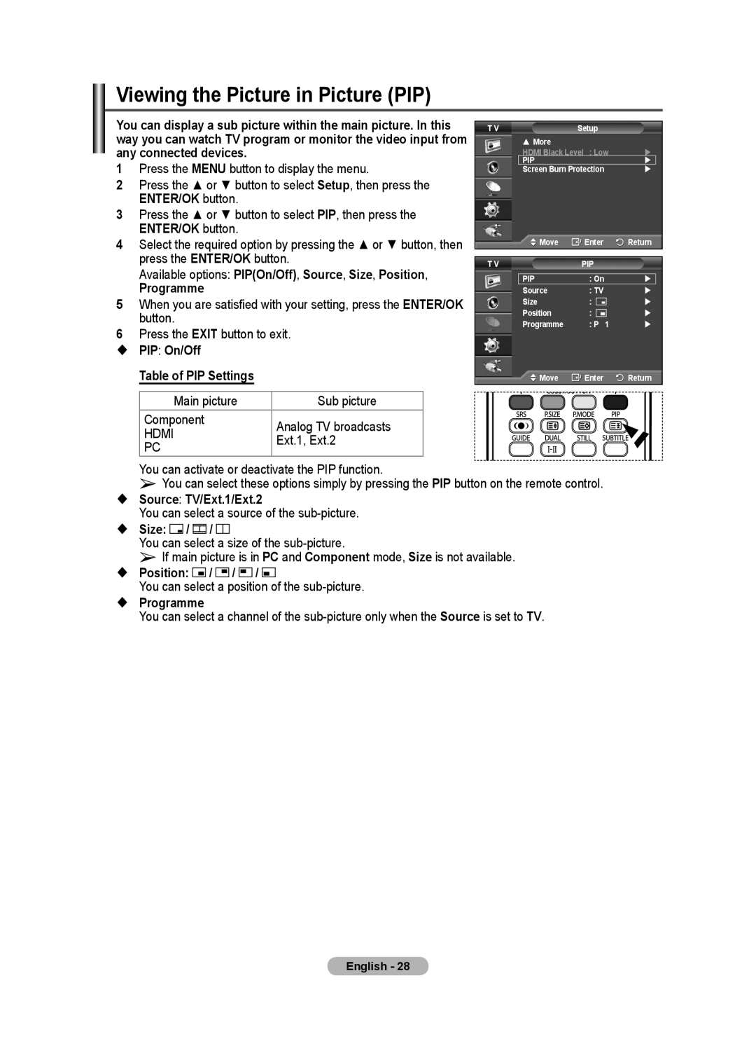 Samsung PS-42C77HD, PS-50C77HD, PS-50E97HD, PS-50C67HD, PS-42E97HD, PS-42C67HD manual Viewing the Picture in Picture PIP 