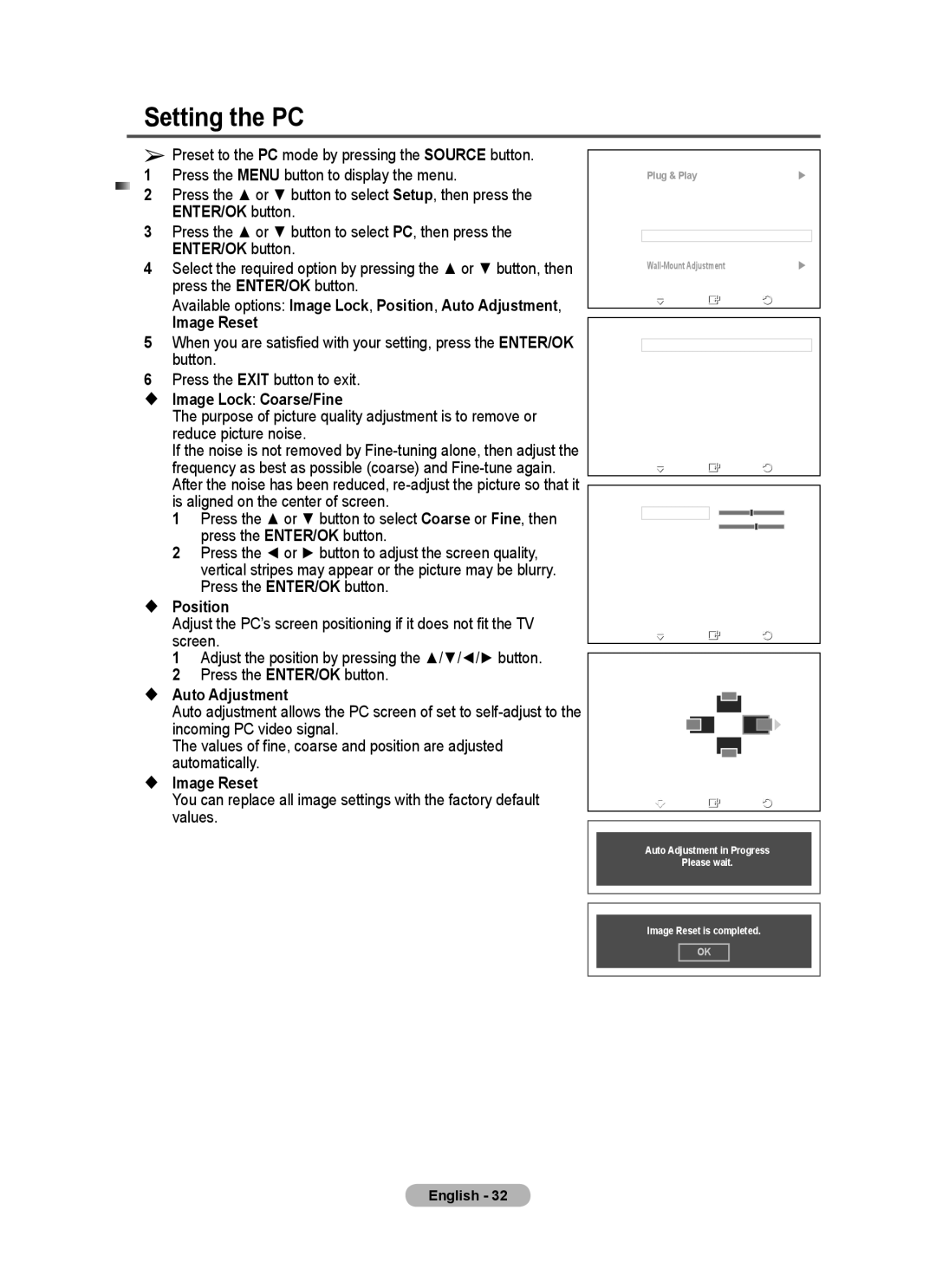 Samsung PS-50C67HD, PS-50C77HD, PS-50E97HD Setting the PC,  Image Lock Coarse/Fine,  Auto Adjustment,  Image Reset 