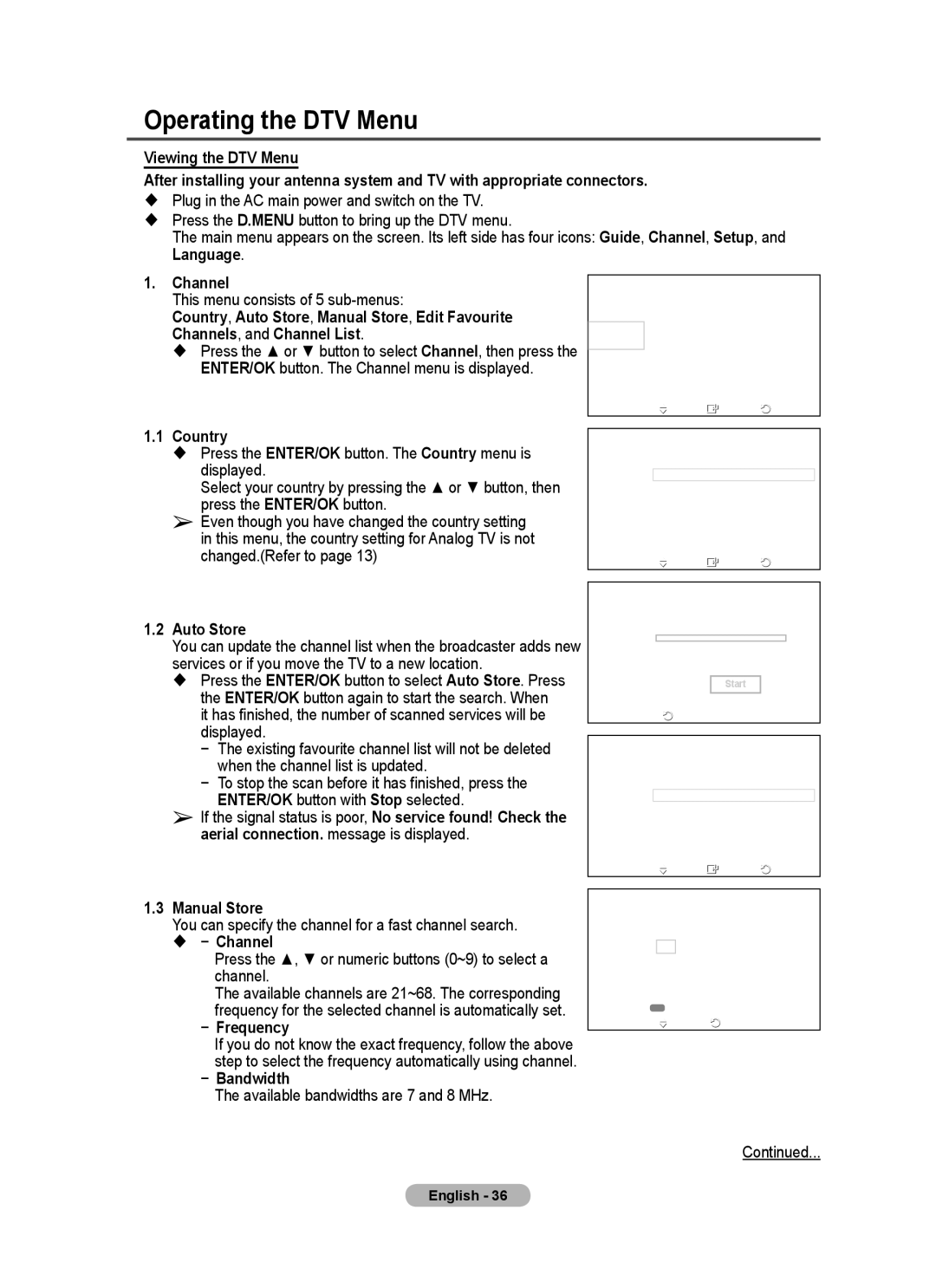 Samsung PS-50C77HD, PS-50E97HD, PS-50C67HD, PS-42E97HD, PS-42C77HD, PS-42C67HD manual Operating the DTV Menu 