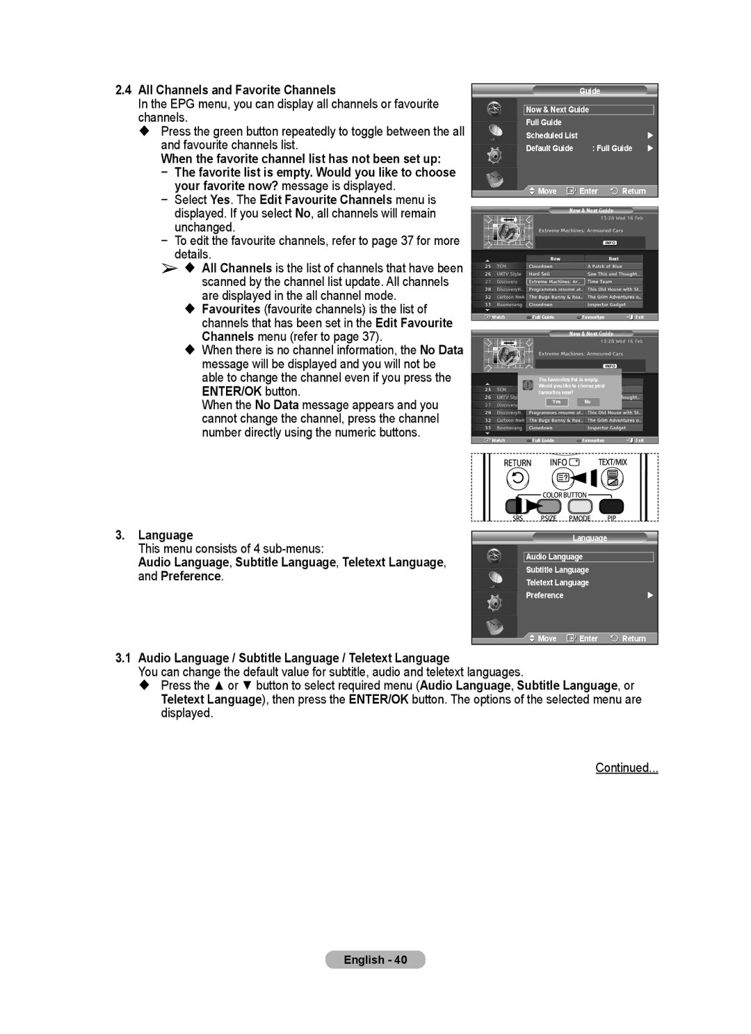 Samsung PS-42C77HD, PS-50C77HD, PS-50E97HD All Channels and Favorite Channels, Language, This menu consists of 4 sub-menus 