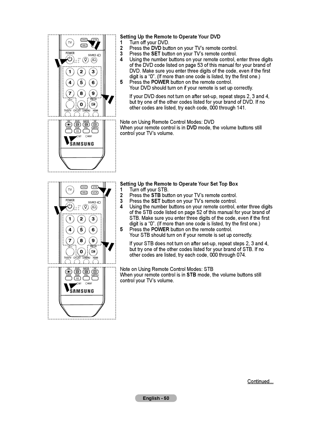 Samsung PS-50C67HD manual Setting Up the Remote to Operate Your DVD, Setting Up the Remote to Operate Your Set Top Box 