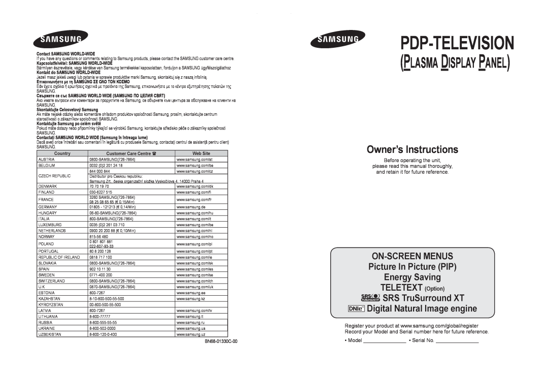 Samsung PS-50E97HD manual Pdp-Television, Owner’s Instructions, Plasma Display Panel, Contact SAMSUNG WORLD-WIDE, Country 