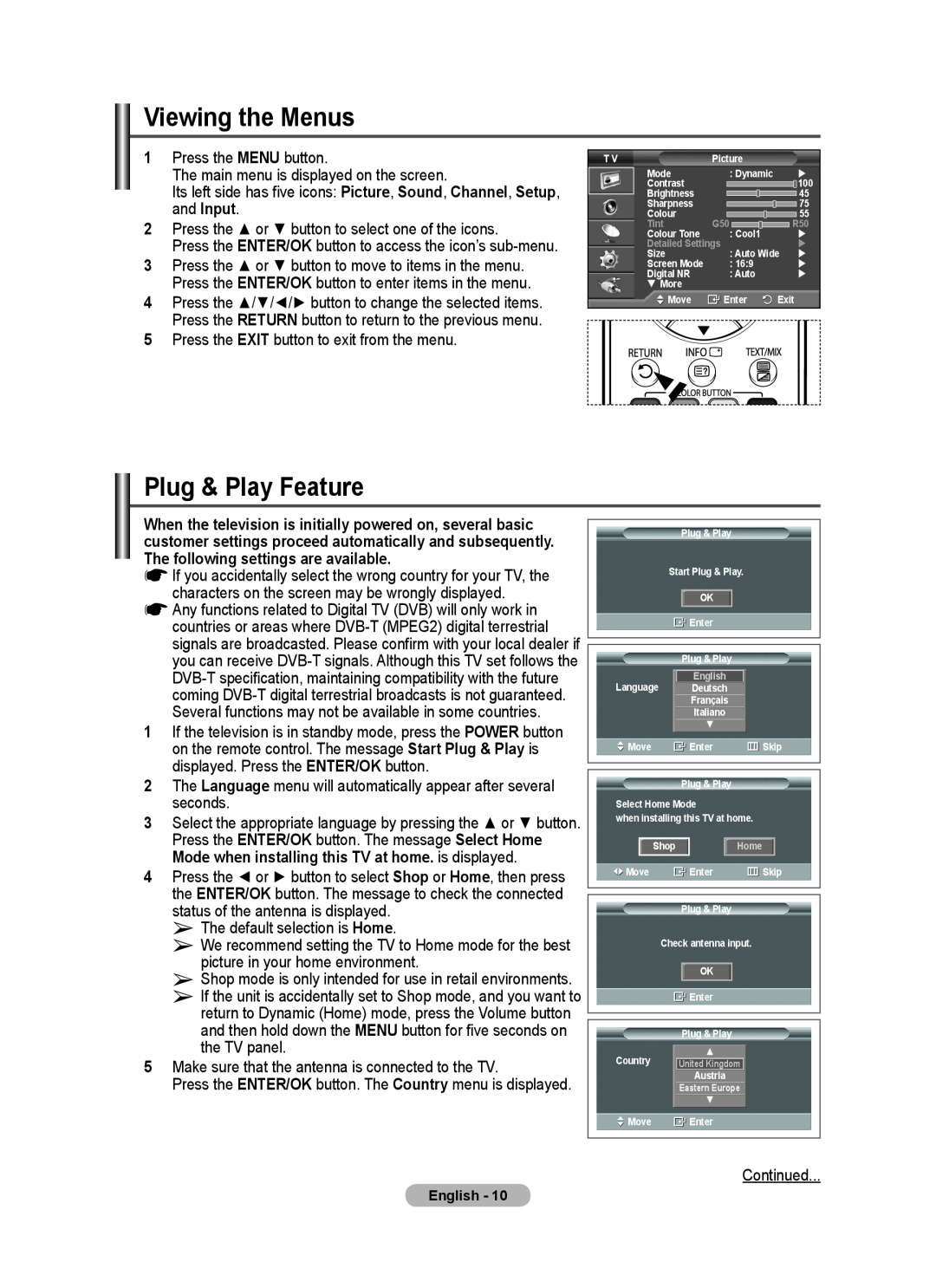Samsung PS-42C77HD, PS-50C77HD, PS-50E97HD, PS-50C67HD, PS-42E97HD, PS-42C67HD manual Viewing the Menus, Plug & Play Feature 