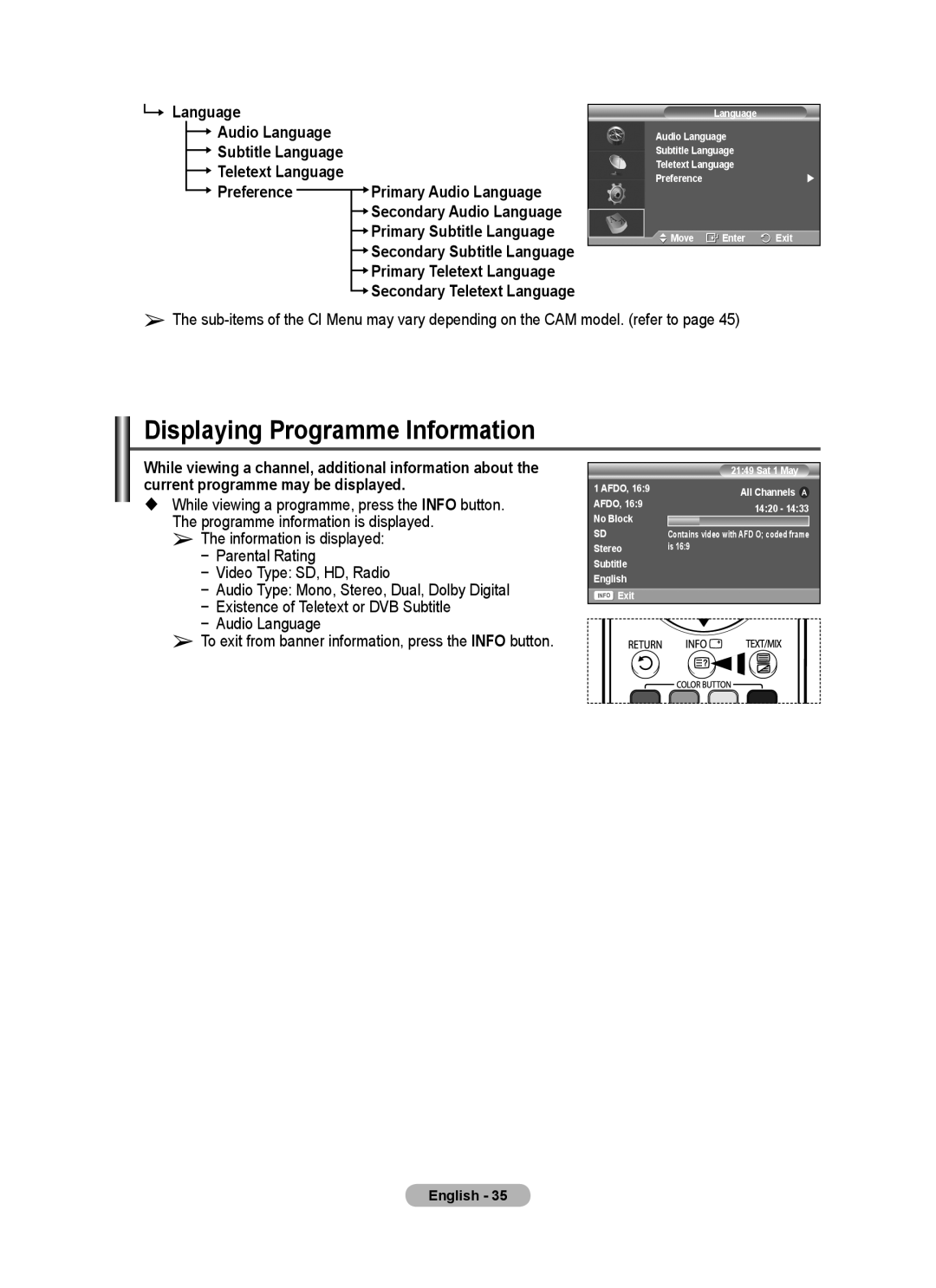 Samsung PS-42C67HD manual Displaying Programme Information, Language Audio Language, Teletext Language Preference, English 