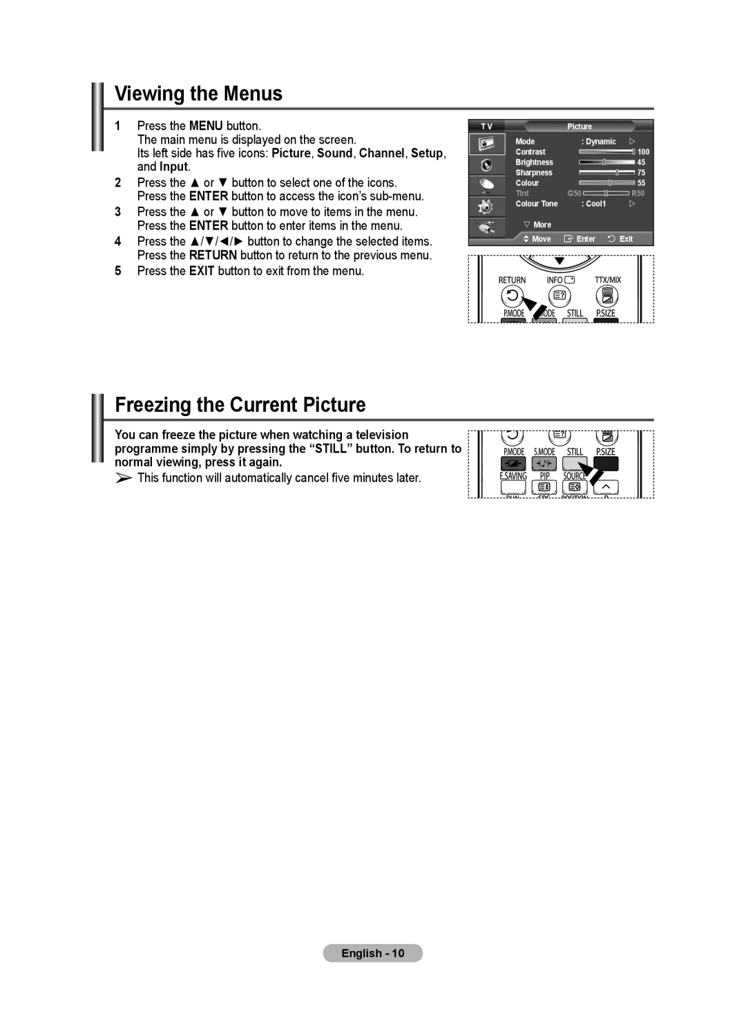 Samsung PS-50E92H, PS-42E92H Viewing the Menus, Freezing the Current Picture, Press the Exit button to exit from the menu 