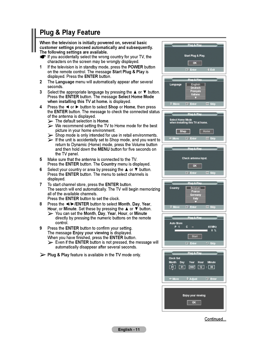 Samsung PS-42E92H, PS-50E92H manual Plug & Play Feature, Plug & Play feature is available in the TV mode only 