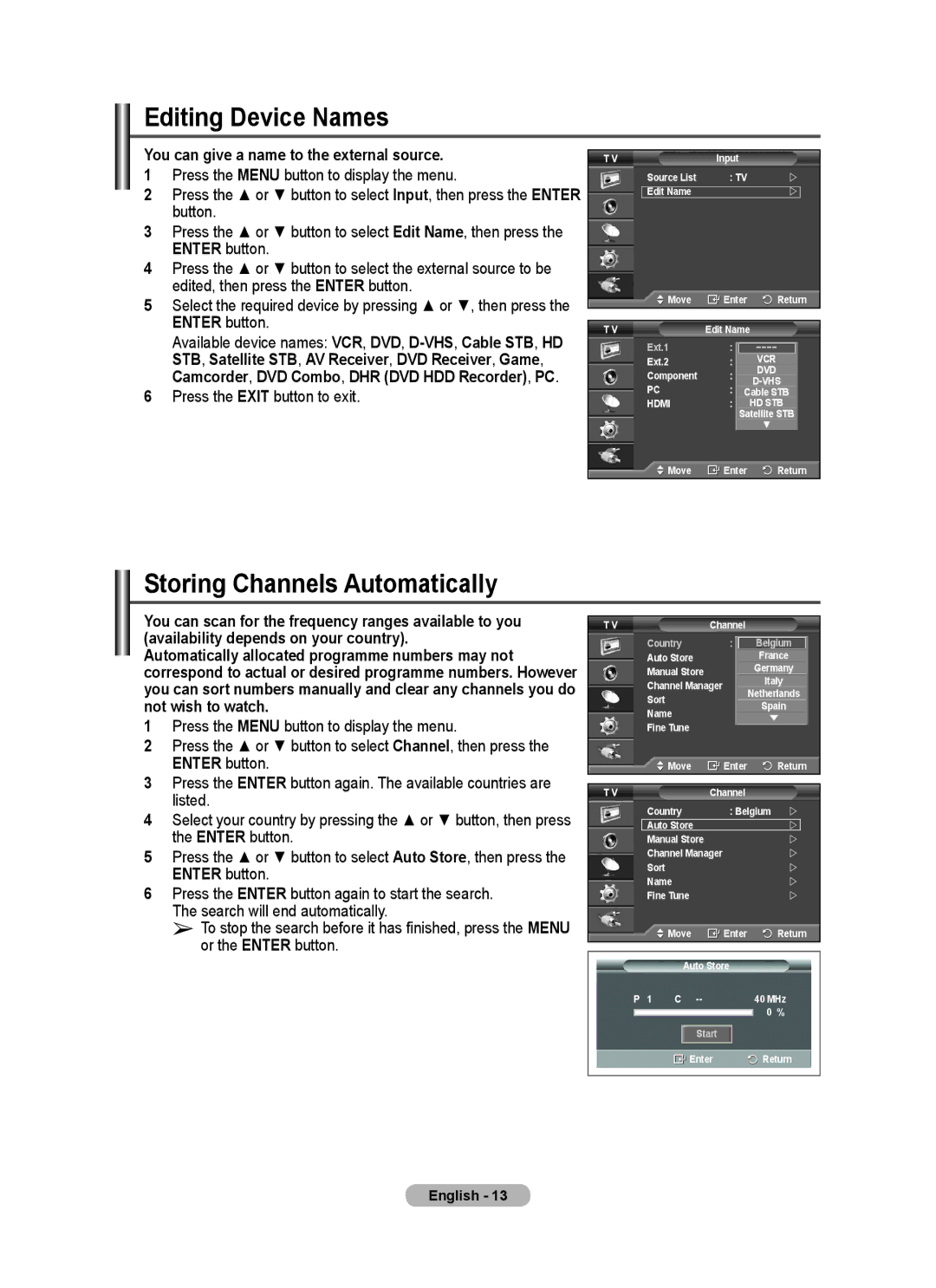 Samsung PS-42E92H manual Editing Device Names, Storing Channels Automatically, You can give a name to the external source 