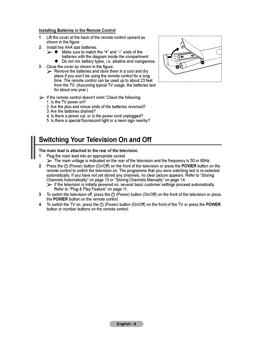 Samsung PS-42E92H, PS-50E92H manual Switching Your Television On and Off, Installing Batteries in the Remote Control 