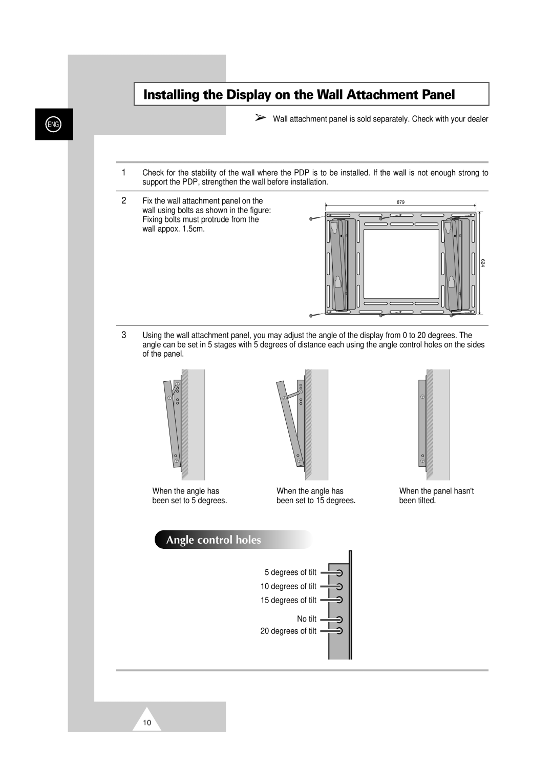 Samsung PS-50P2HT Angle control holes, Been set to 5 degrees Been set to 15 degrees Been tilted, Degrees of tilt No tilt 