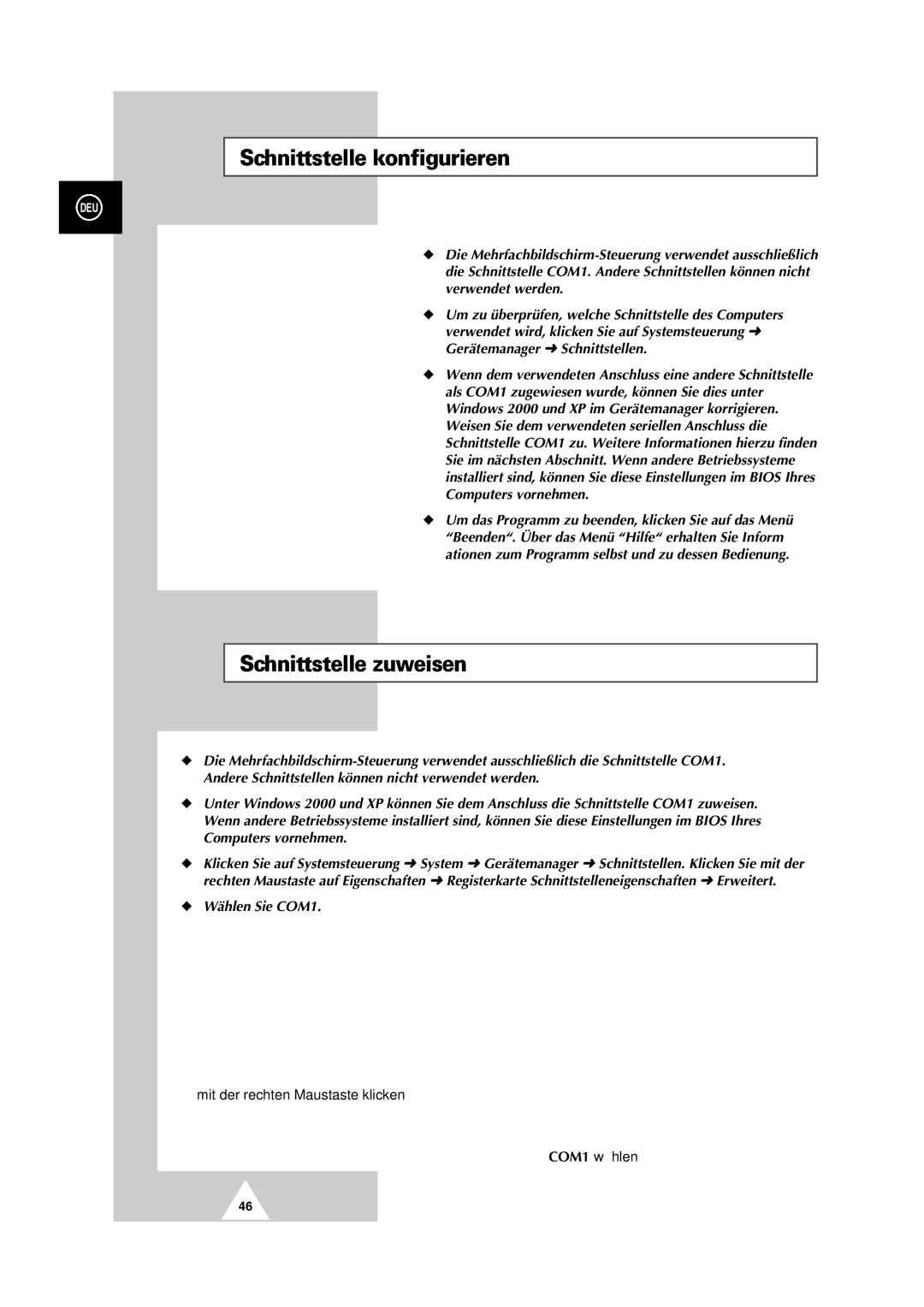 Samsung PS-50P2HT manual Schnittstelle konfigurieren, Schnittstelle zuweisen, Wählen Sie COM1 