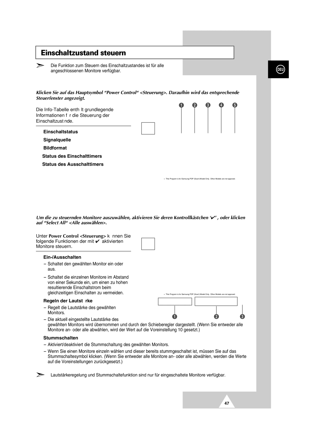 Samsung PS-50P2HT manual Einschaltzustand steuern, ´ Regeln der Lautstärke, Stummschalten 