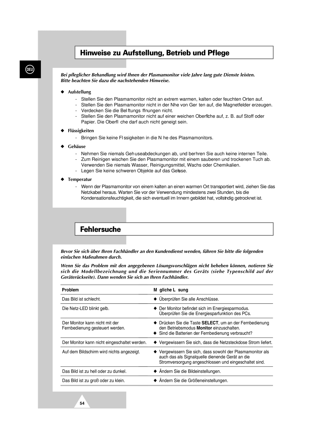 Samsung PS-50P2HT manual Hinweise zu Aufstellung, Betrieb und Pflege, Problem Mögliche Lösung 