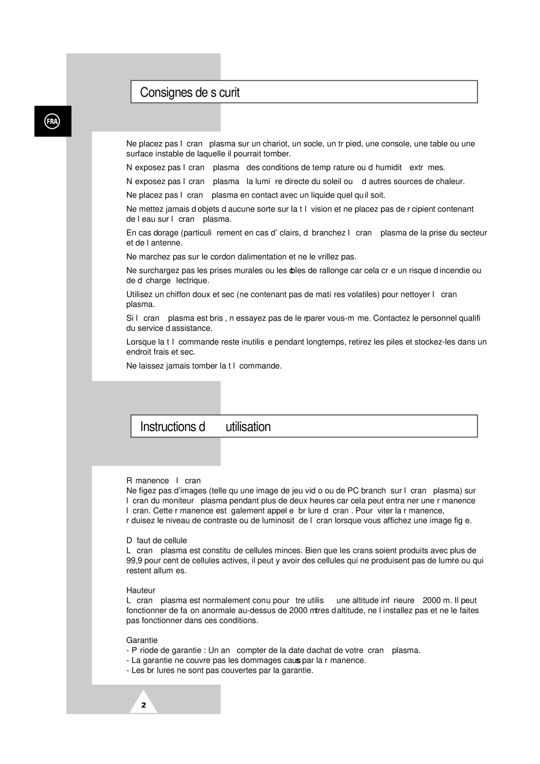 Samsung PS-50P2HT manual Consignes de sécurité, Instructions d’utilisation, Rémanence à l’écran, Défaut de cellule, Hauteur 