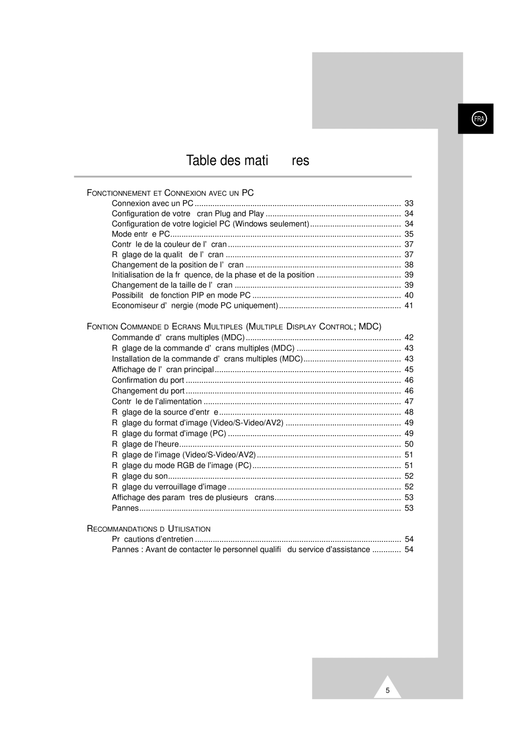 Samsung PS-50P2HT manual Table des matières, Précautions dentretien 