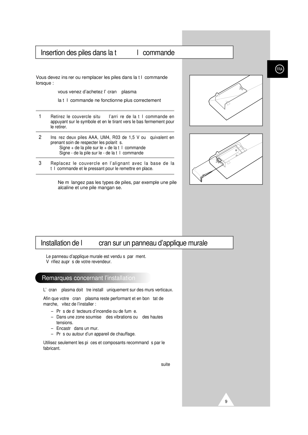 Samsung PS-50P2HT manual Insertion des piles dans la télécommande, Installation de l’écran sur un panneau dapplique murale 