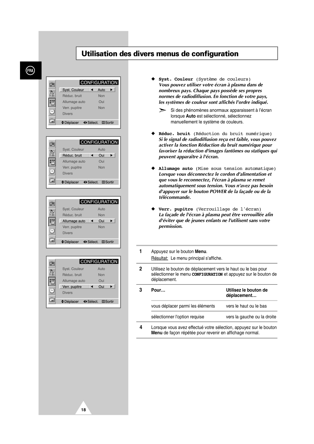 Samsung PS-50P2HT manual Utilisation des divers menus de configuration, Pour… Utilisez le bouton de Déplacement… 