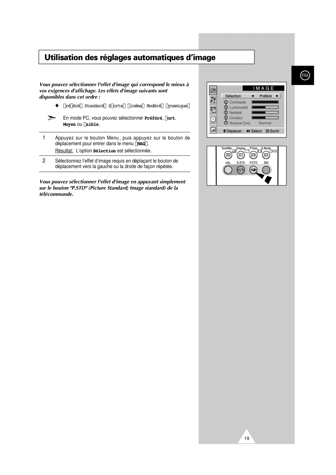 Samsung PS-50P2HT Utilisation des réglages automatiques d’image, Préféré, Standard, Sports, Cinéma, Modéré, Dynamique 