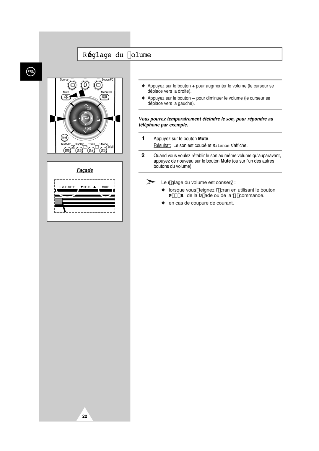 Samsung PS-50P2HT manual Réglage du volume, Le réglage du volume est conservé 