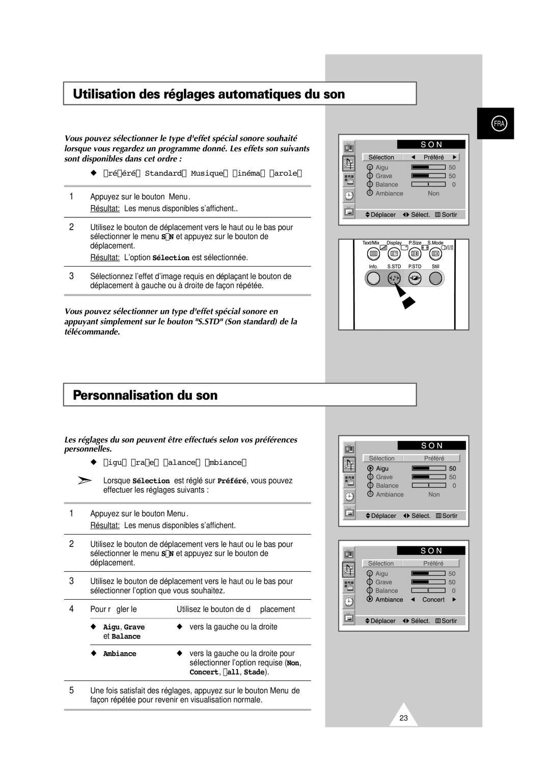 Samsung PS-50P2HT Utilisation des réglages automatiques du son, Personnalisation du son, Aigu , Grave, Et Balance Ambiance 