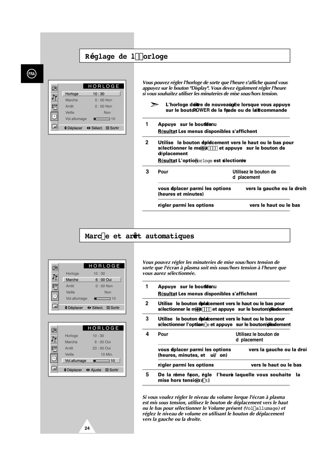 Samsung PS-50P2HT manual Réglage de lhorloge, Marche et arrêt automatiques, Vous déplacer parmi les options 