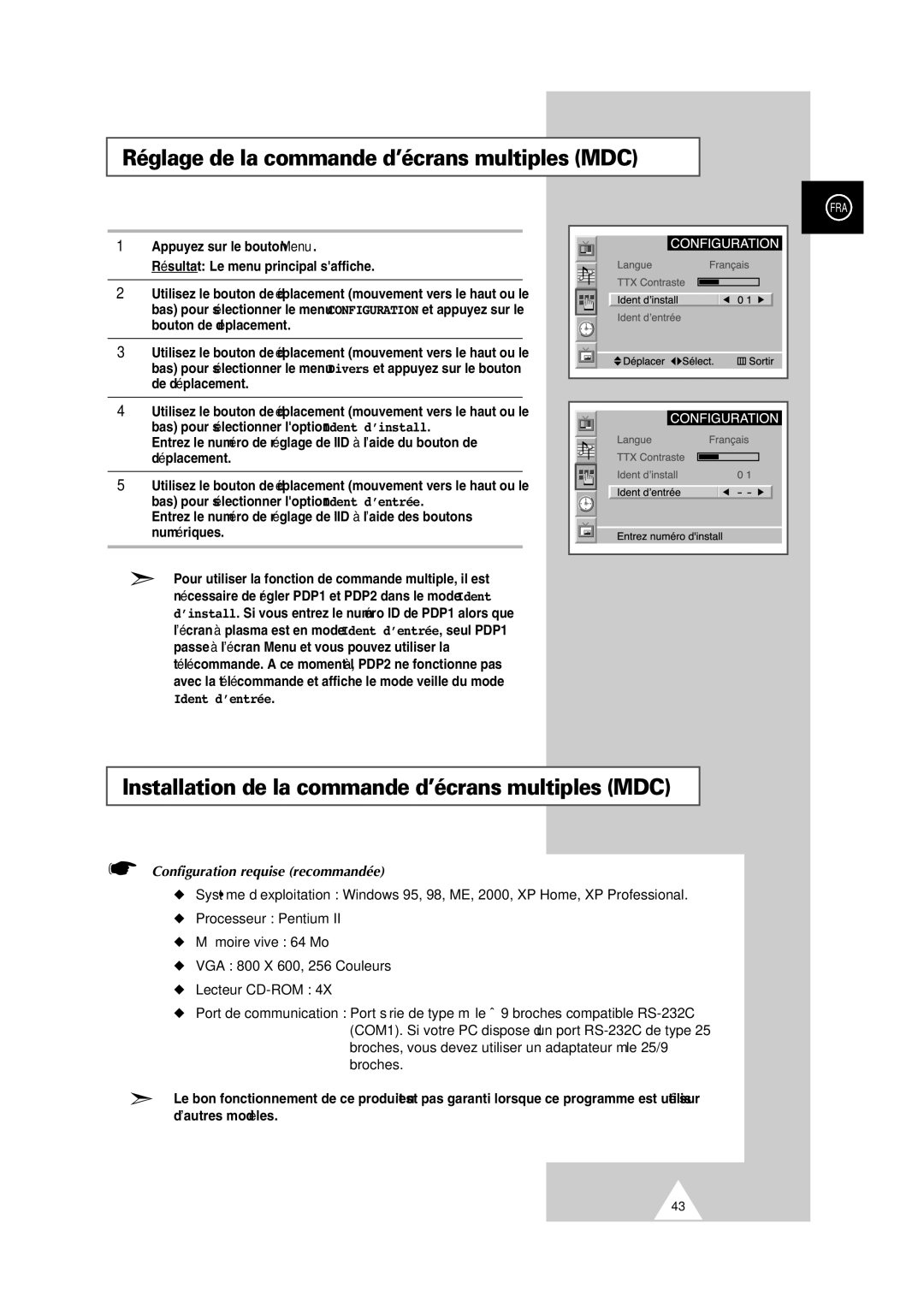 Samsung PS-50P2HT manual Réglage de la commande d’écrans multiples MDC, Installation de la commande d’écrans multiples MDC 