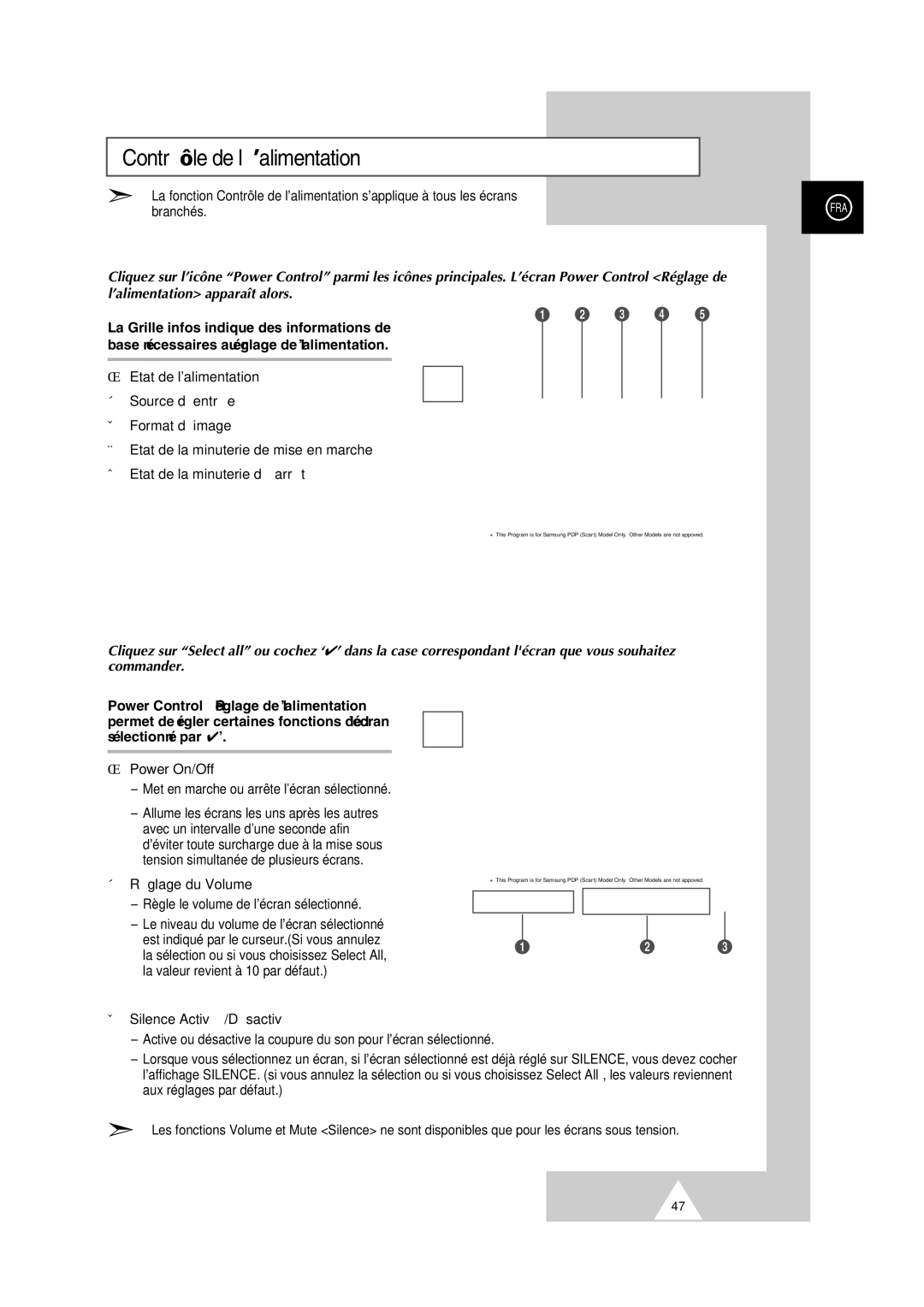 Samsung PS-50P2HT manual Contrôle de l’alimentation, ´ Réglage du Volume, Silence Activé/Désactivé 