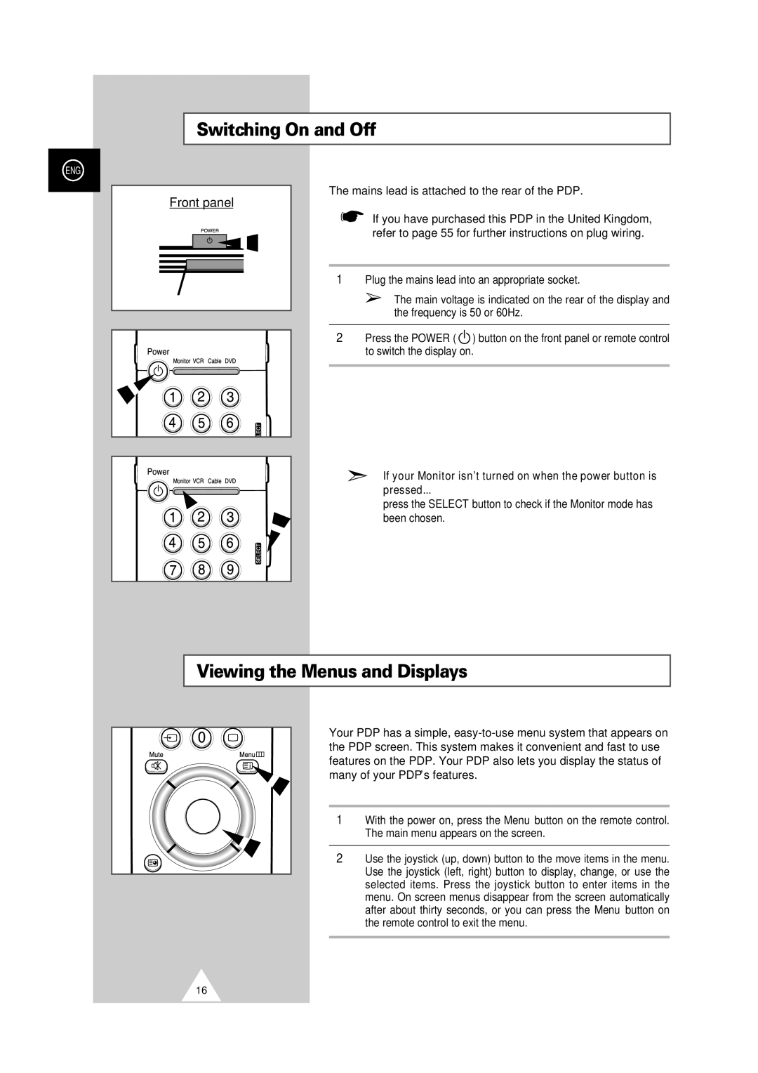 Samsung PS-50P2HT Switching On and Off, Viewing the Menus and Displays, Mains lead is attached to the rear of the PDP 