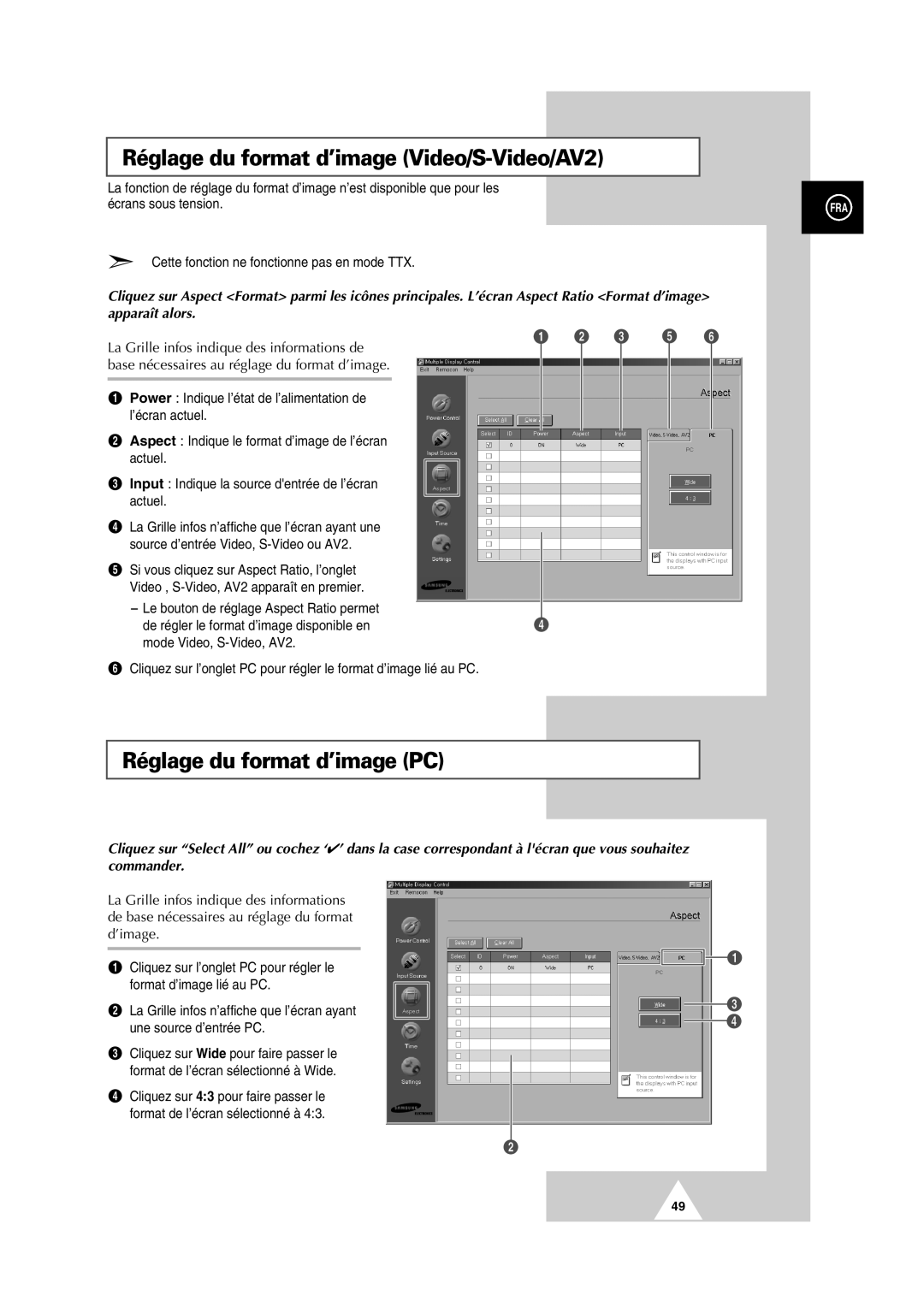 Samsung PS-50P2HT manual Réglage du format d’image Video/S-Video/AV2, Réglage du format d’image PC 