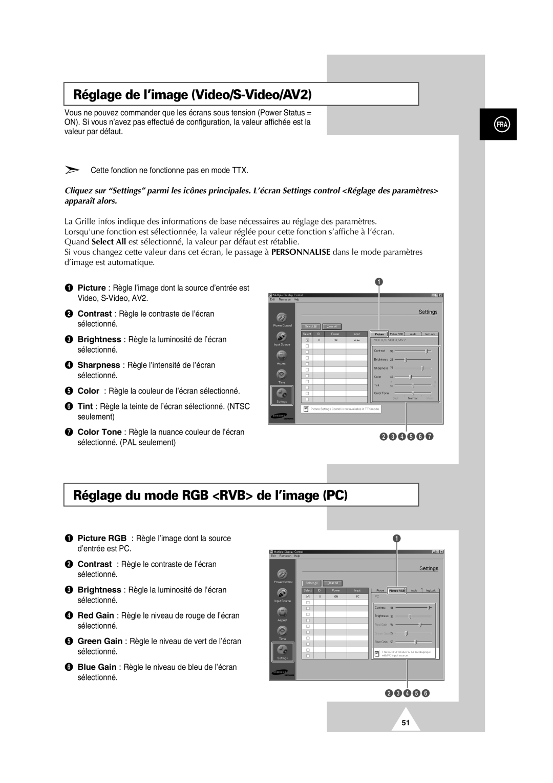 Samsung PS-50P2HT manual Réglage de l’image Video/S-Video/AV2, Réglage du mode RGB RVB de l’image PC 