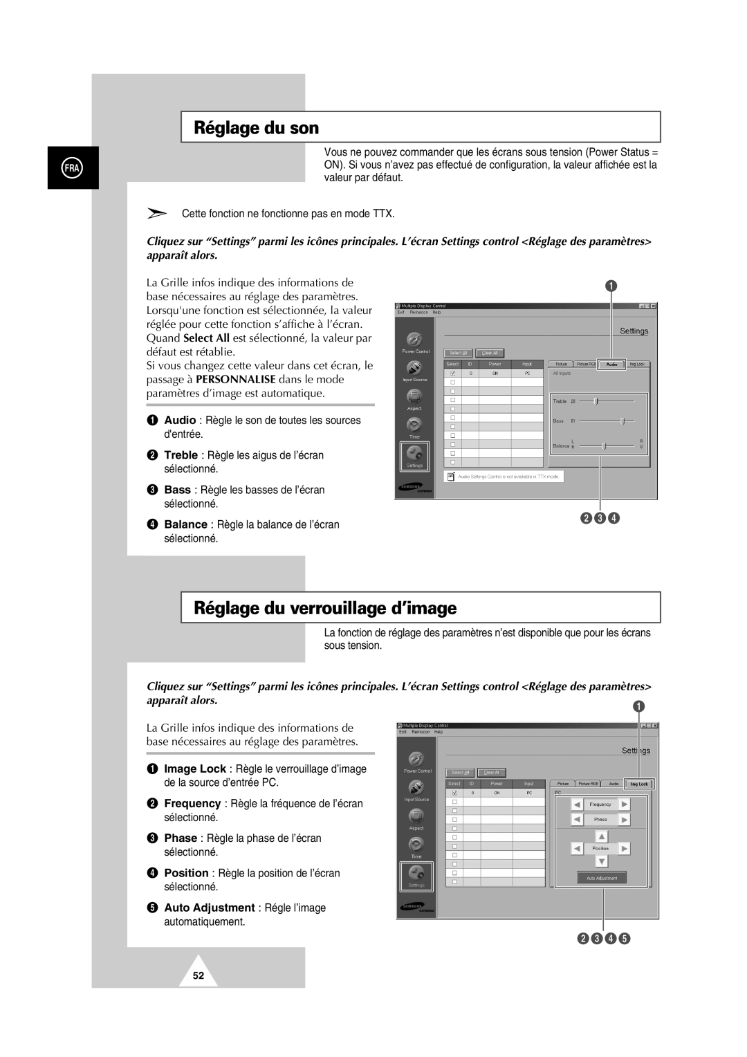 Samsung PS-50P2HT manual Réglage du son, Réglage du verrouillage d’image, Auto Adjustment Régle l’image automatiquement 