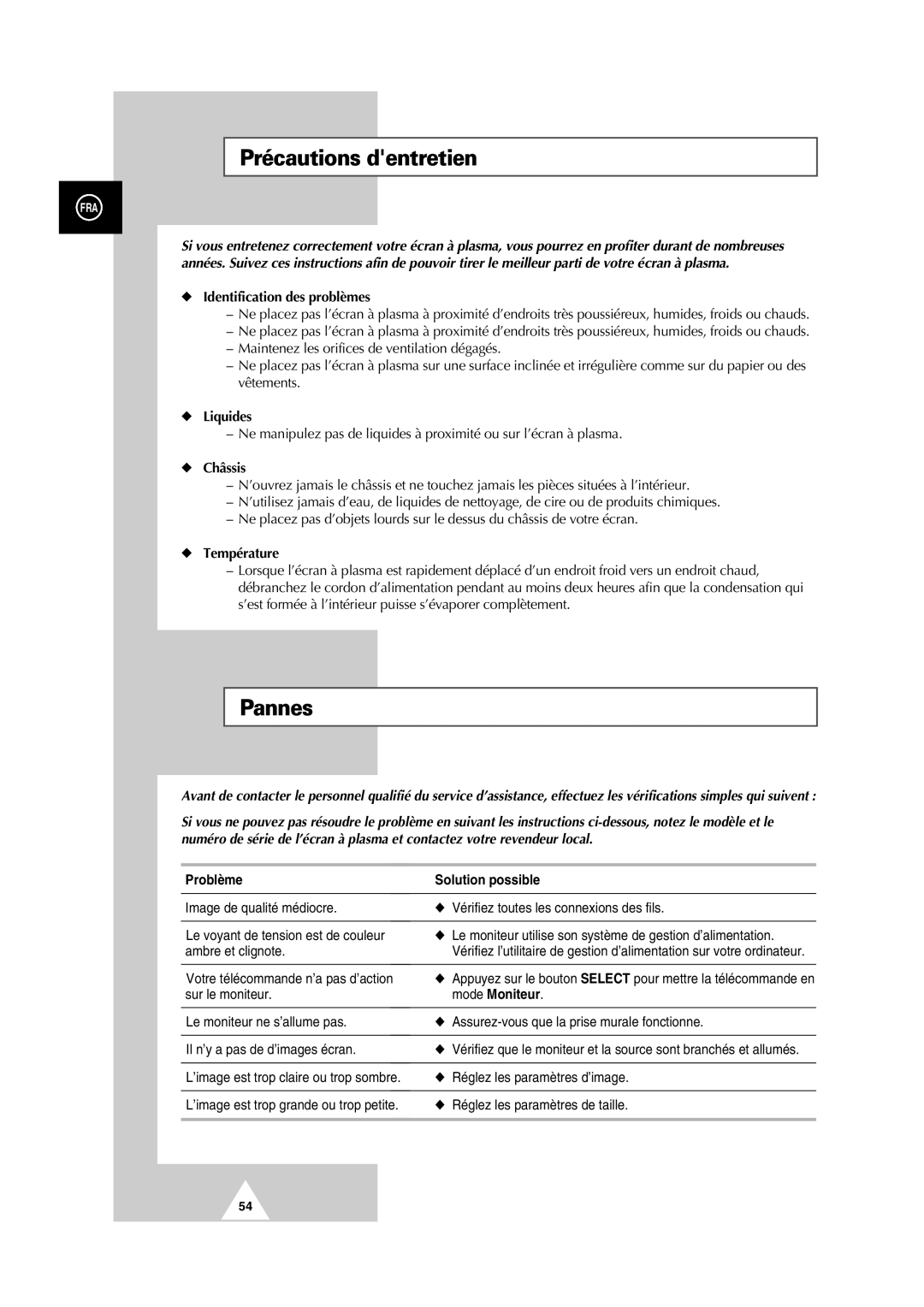 Samsung PS-50P2HT manual Précautions dentretien, Problème Solution possible, Mode Moniteur 