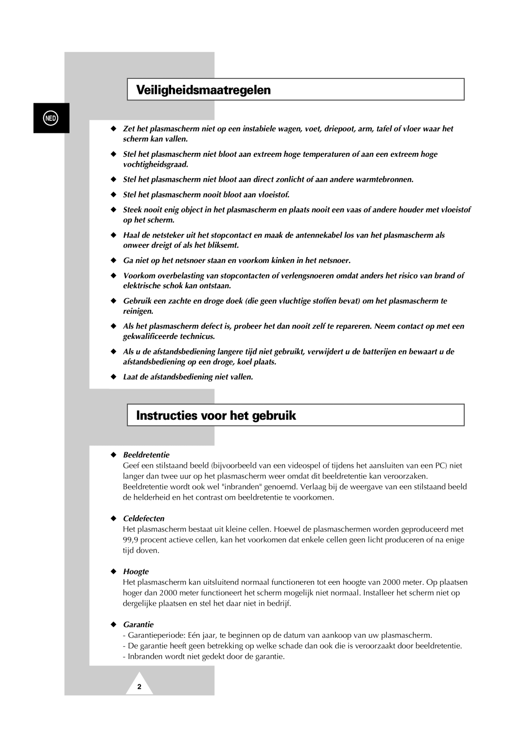 Samsung PS-50P2HT manual Veiligheidsmaatregelen, Instructies voor het gebruik, Beeldretentie, Celdefecten, Hoogte 