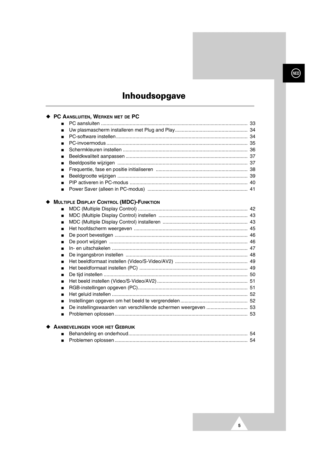 Samsung PS-50P2HT manual Inhoudsopgave, Behandeling en onderhoud Problemen oplossen 