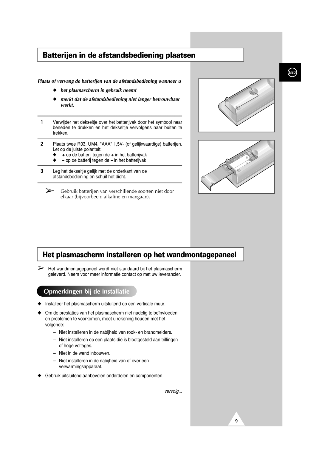 Samsung PS-50P2HT manual Batterijen in de afstandsbediening plaatsen, Het plasmascherm installeren op het wandmontagepaneel 