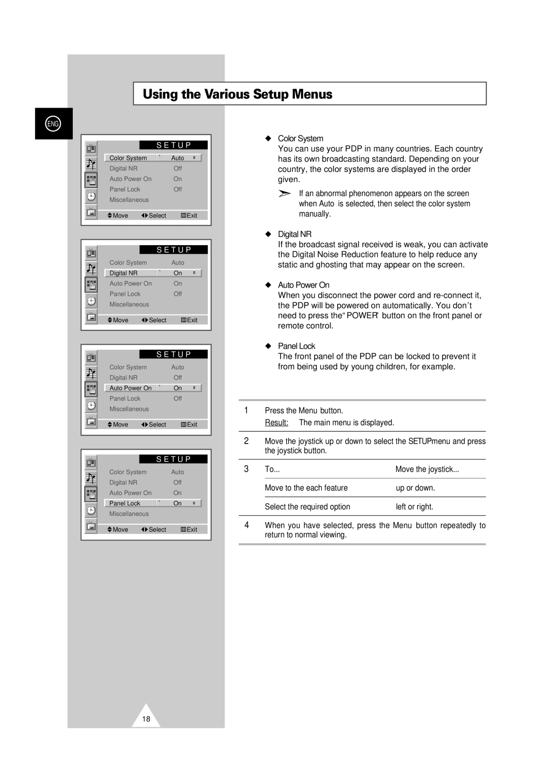 Samsung PS-50P2HT manual Using the Various Setup Menus, Move the joystick 