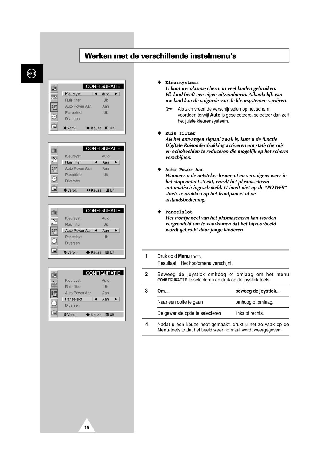 Samsung PS-50P2HT manual Werken met de verschillende instelmenus, Beweeg de joystick 