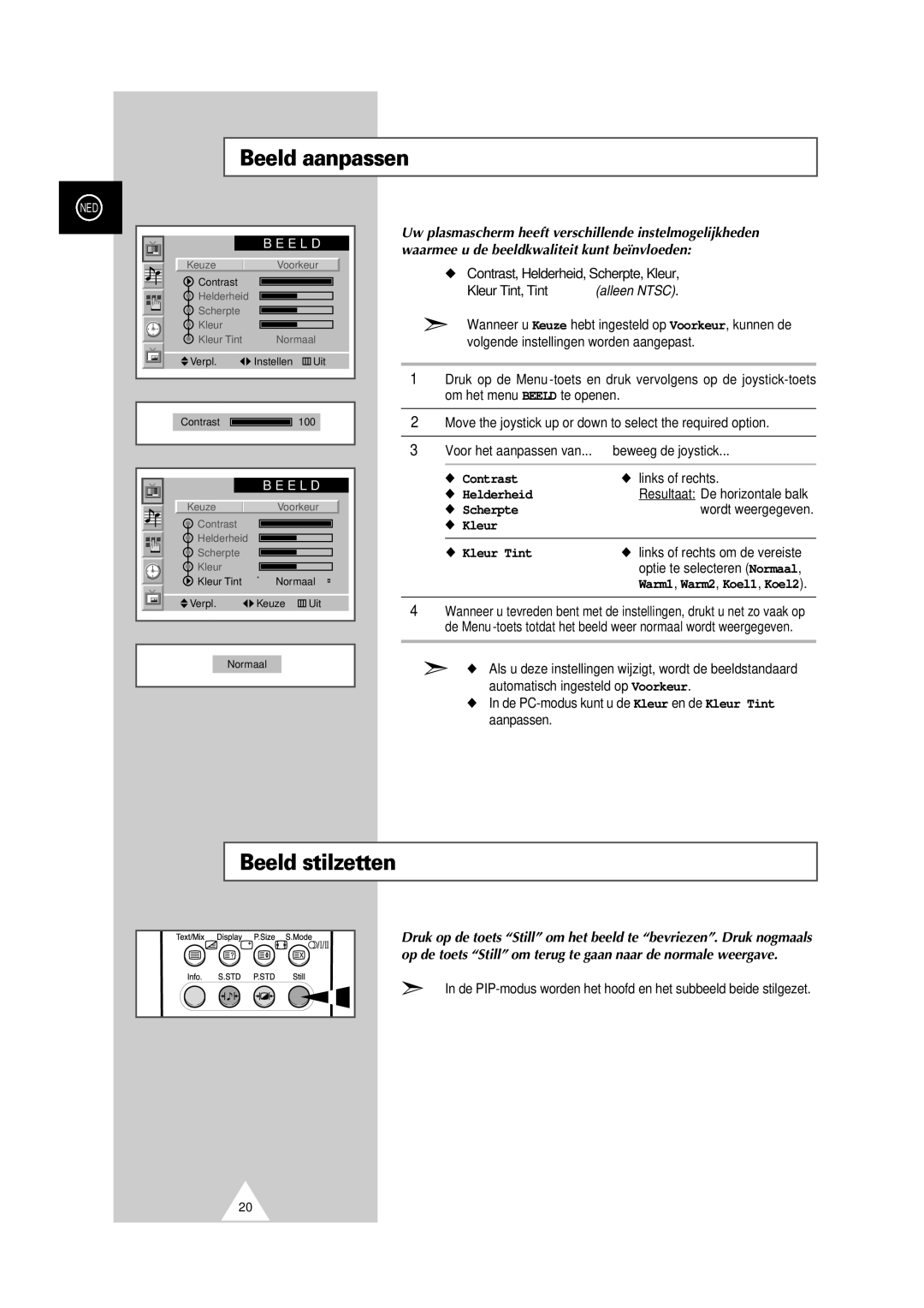 Samsung PS-50P2HT manual Beeld aanpassen, Beeld stilzetten, Helderheid, Scherpte, Kleur Kleur Tint 