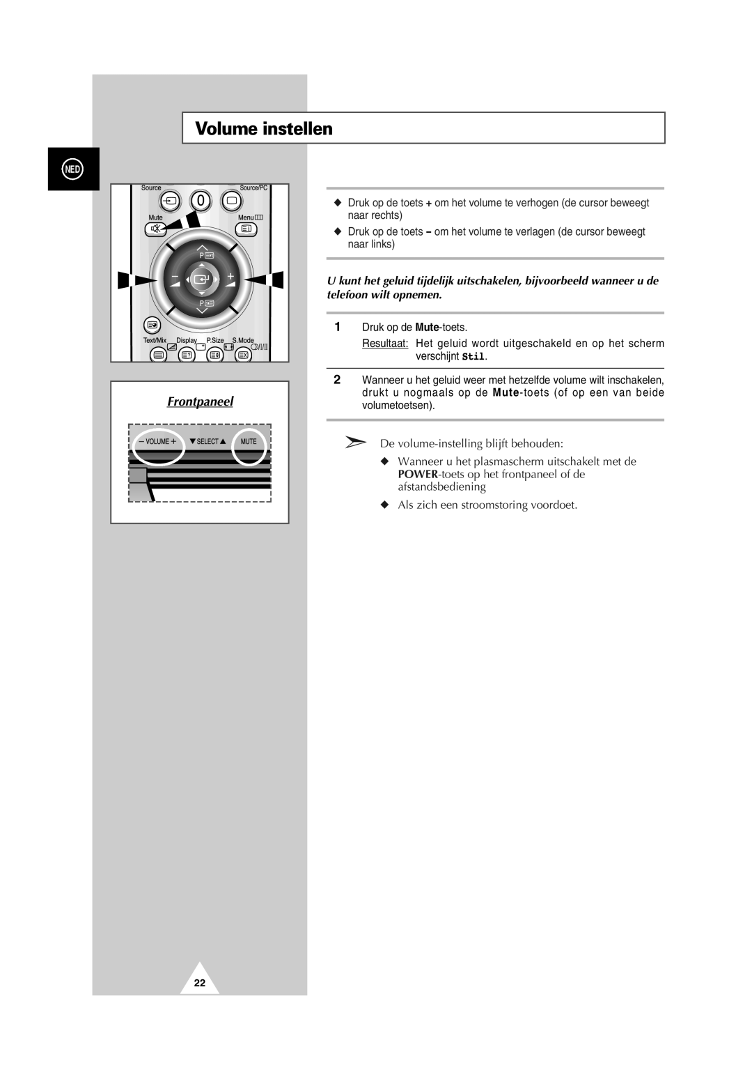 Samsung PS-50P2HT manual Volume instellen, Frontpaneel 