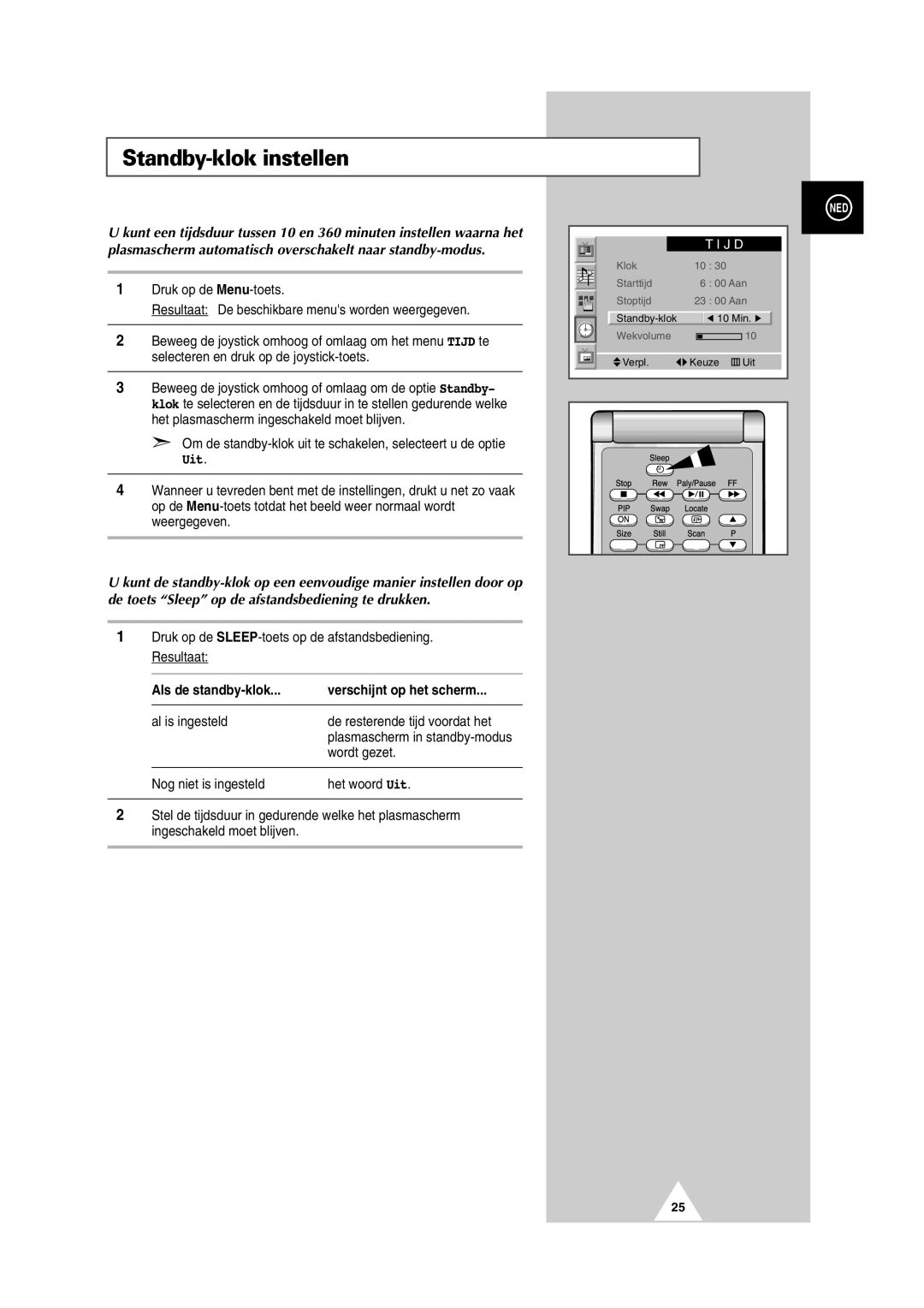 Samsung PS-50P2HT manual Standby-klok instellen, Uit, Als de standby-klok Verschijnt op het scherm 