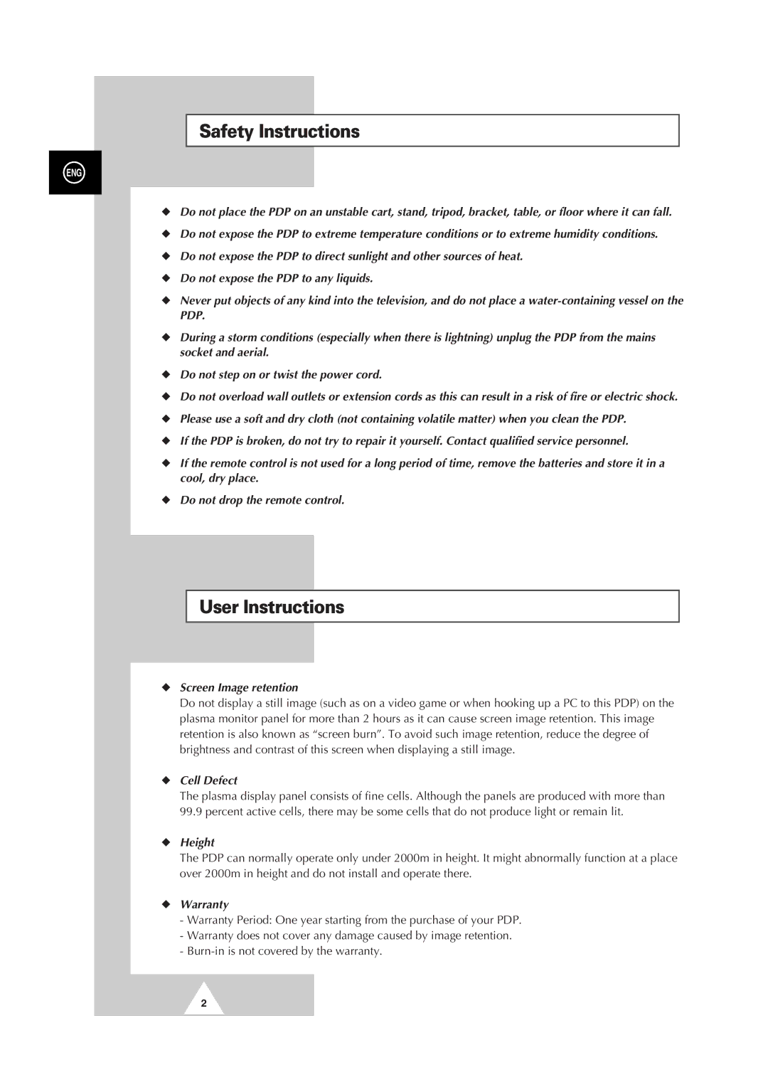 Samsung PS-50P2HT manual Safety Instructions, User Instructions 