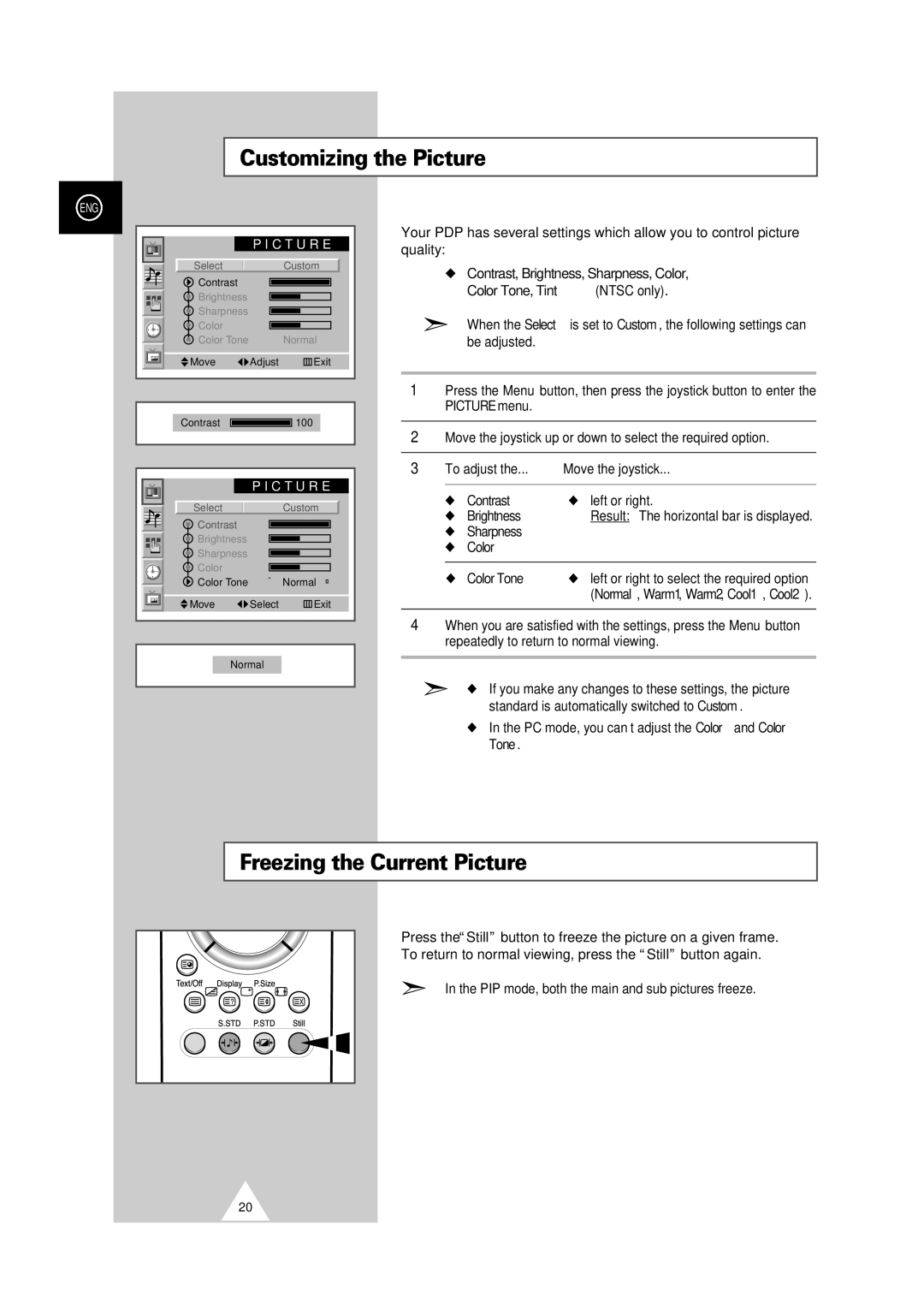 Samsung PS-50P2HT Customizing the Picture, Freezing the Current Picture, Contrast, Brightness, Sharpness Color Color Tone 