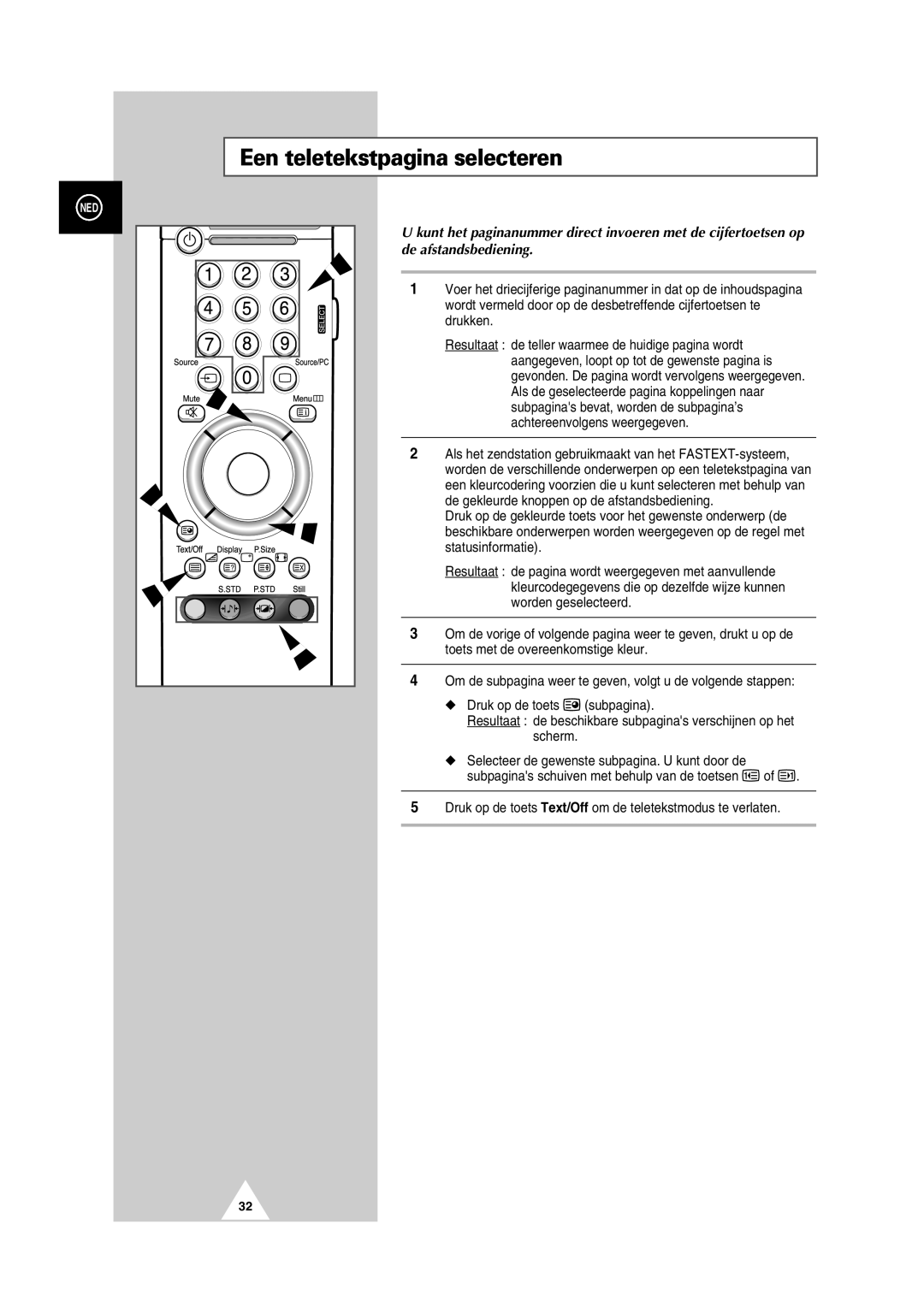 Samsung PS-50P2HT manual Een teletekstpagina selecteren, De afstandsbediening 