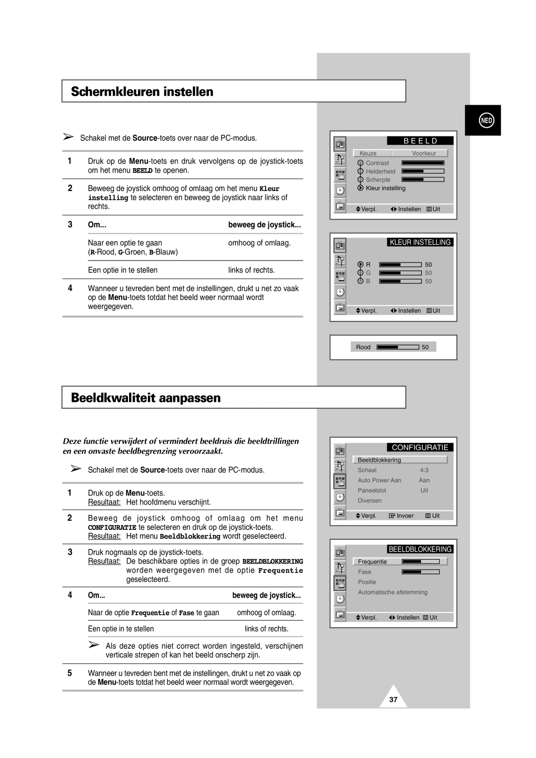 Samsung PS-50P2HT manual Schermkleuren instellen, Beeldkwaliteit aanpassen 