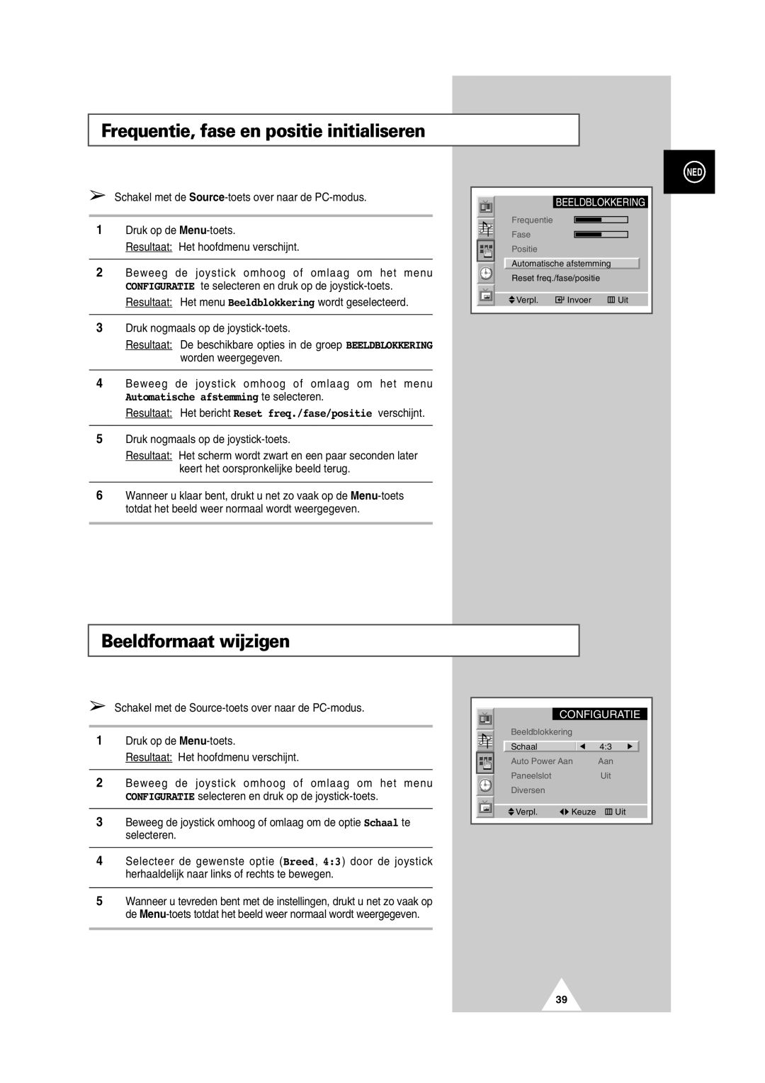 Samsung PS-50P2HT manual Frequentie, fase en positie initialiseren, Beeldformaat wijzigen 